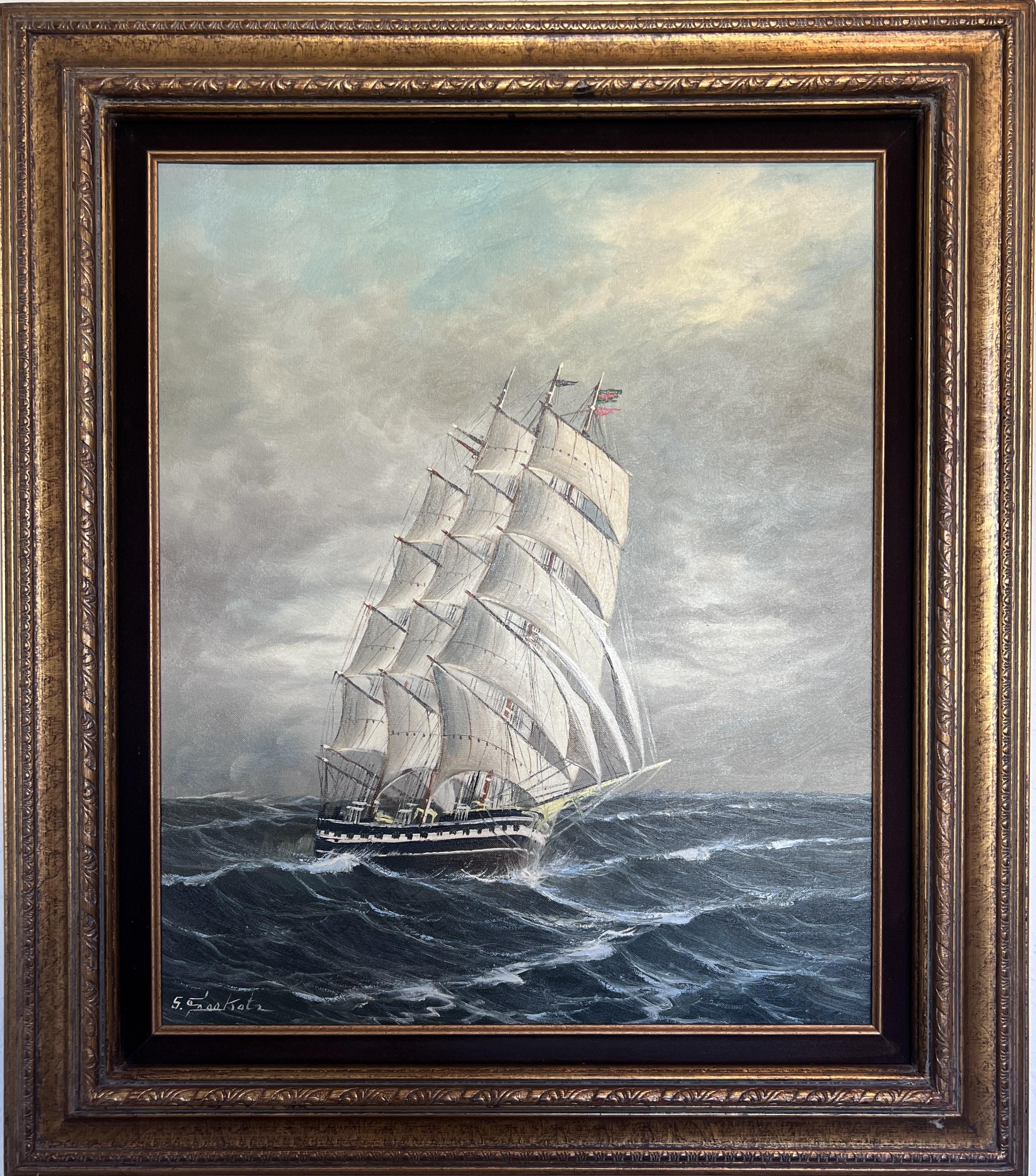 Landscape Painting di Unknown - Grande dipinto a olio su tela originale firmato, paesaggio marino, nave a vela, incorniciato