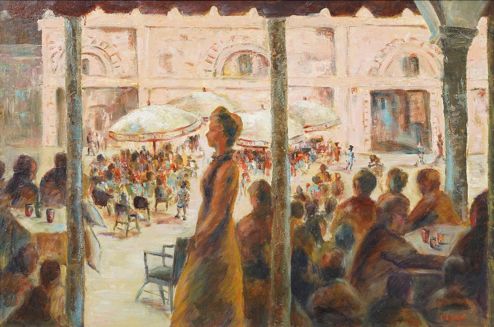 Antique French cafe scene landscape oil painting. Oil on canvas. Signed. Framed. Measuring: 29 by 41 inches overall, and 24 by 36 painting alone..  In excellent original condition. Handsomely framed in a  giltwood molding.  Excellent condition,
