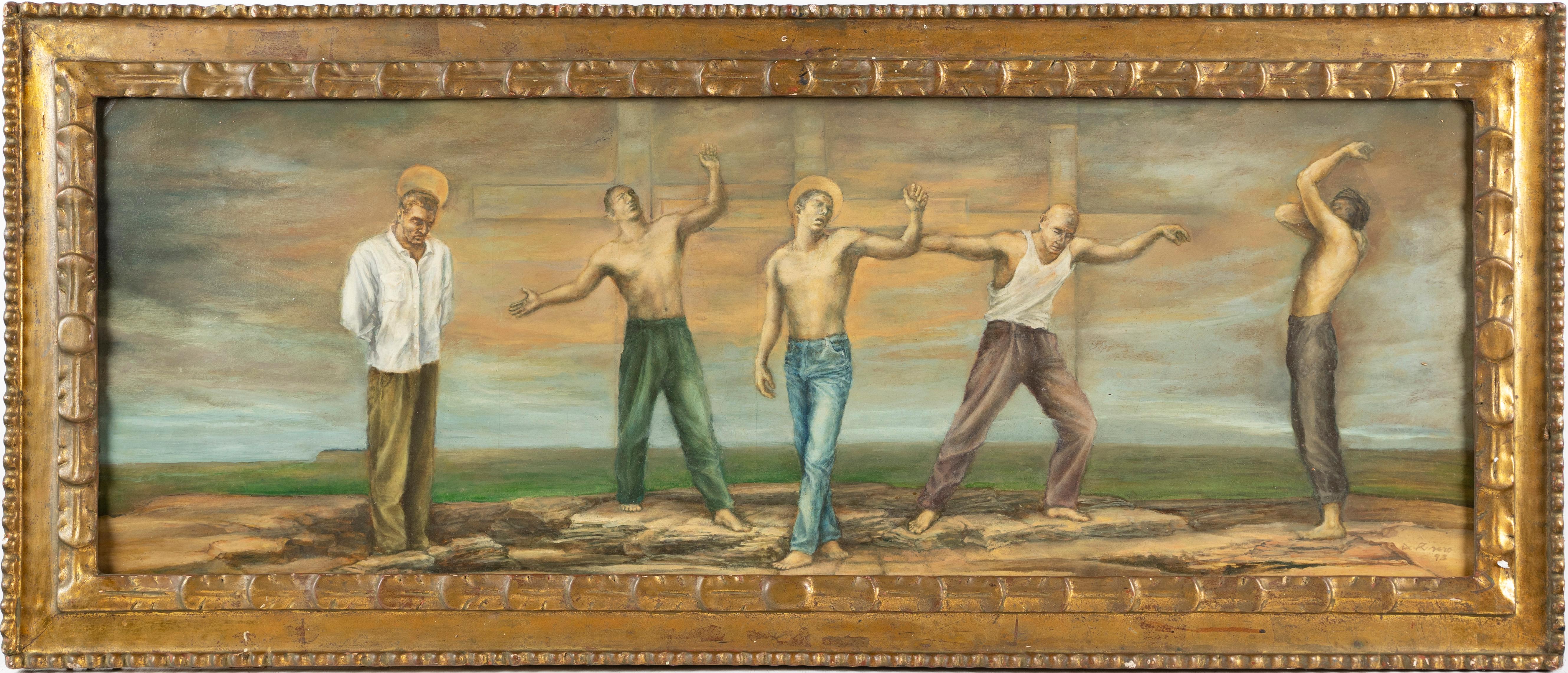 Großes signiertes surreales nacktes männliches Porträt, symbolistische Landschaft, gerahmtes Ölgemälde – Painting von Unknown