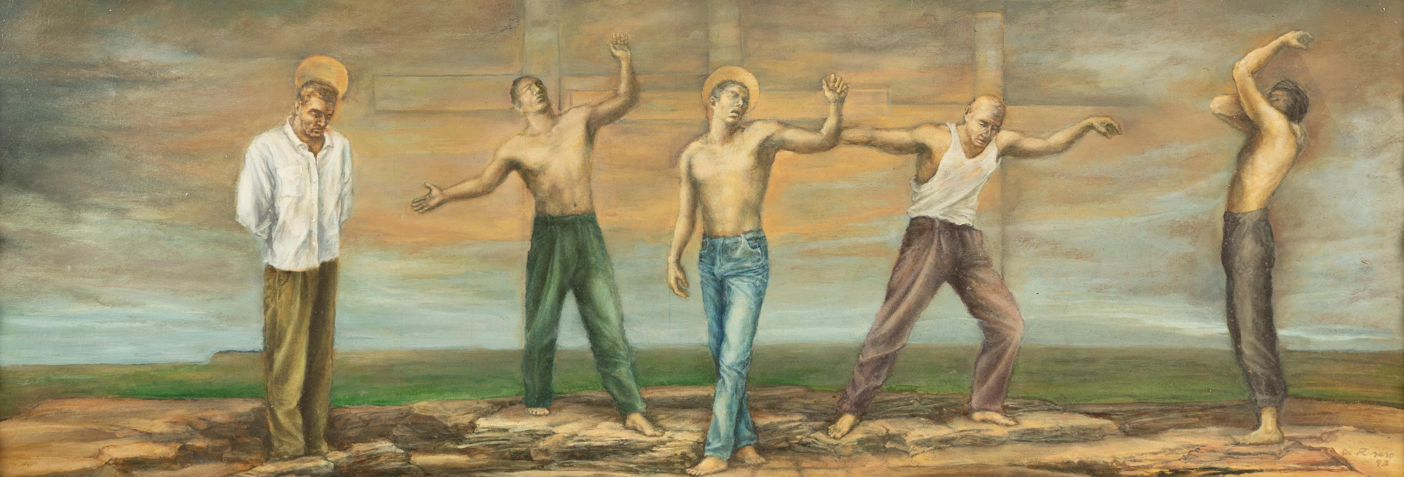 Großes signiertes surreales nacktes männliches Porträt, symbolistische Landschaft, gerahmtes Ölgemälde (Braun), Landscape Painting, von Unknown
