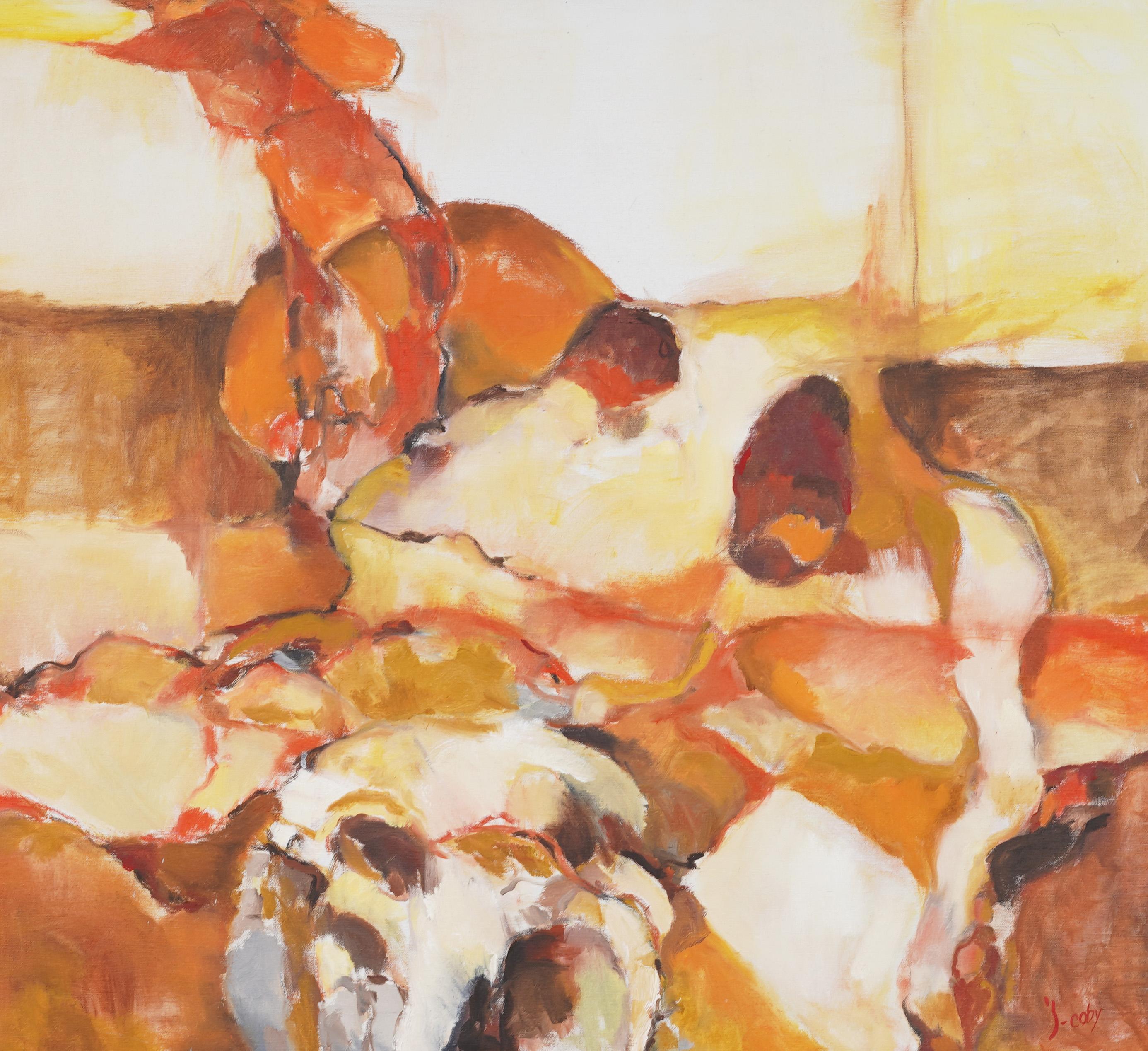 Grande dipinto ad olio con cornice, firmato, modernista americano astratto del sud-ovest - Painting Astratto di Unknown