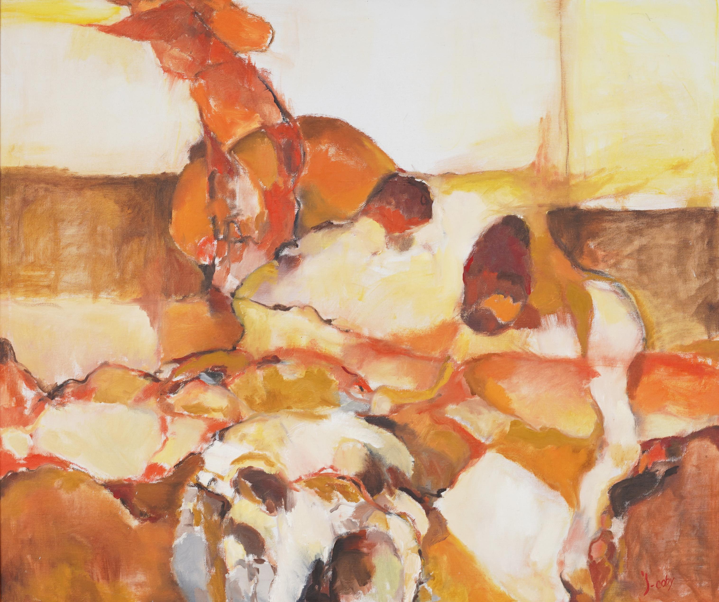 Grande dipinto ad olio con cornice, firmato, modernista americano astratto del sud-ovest - Abstract Painting Marrone di Unknown