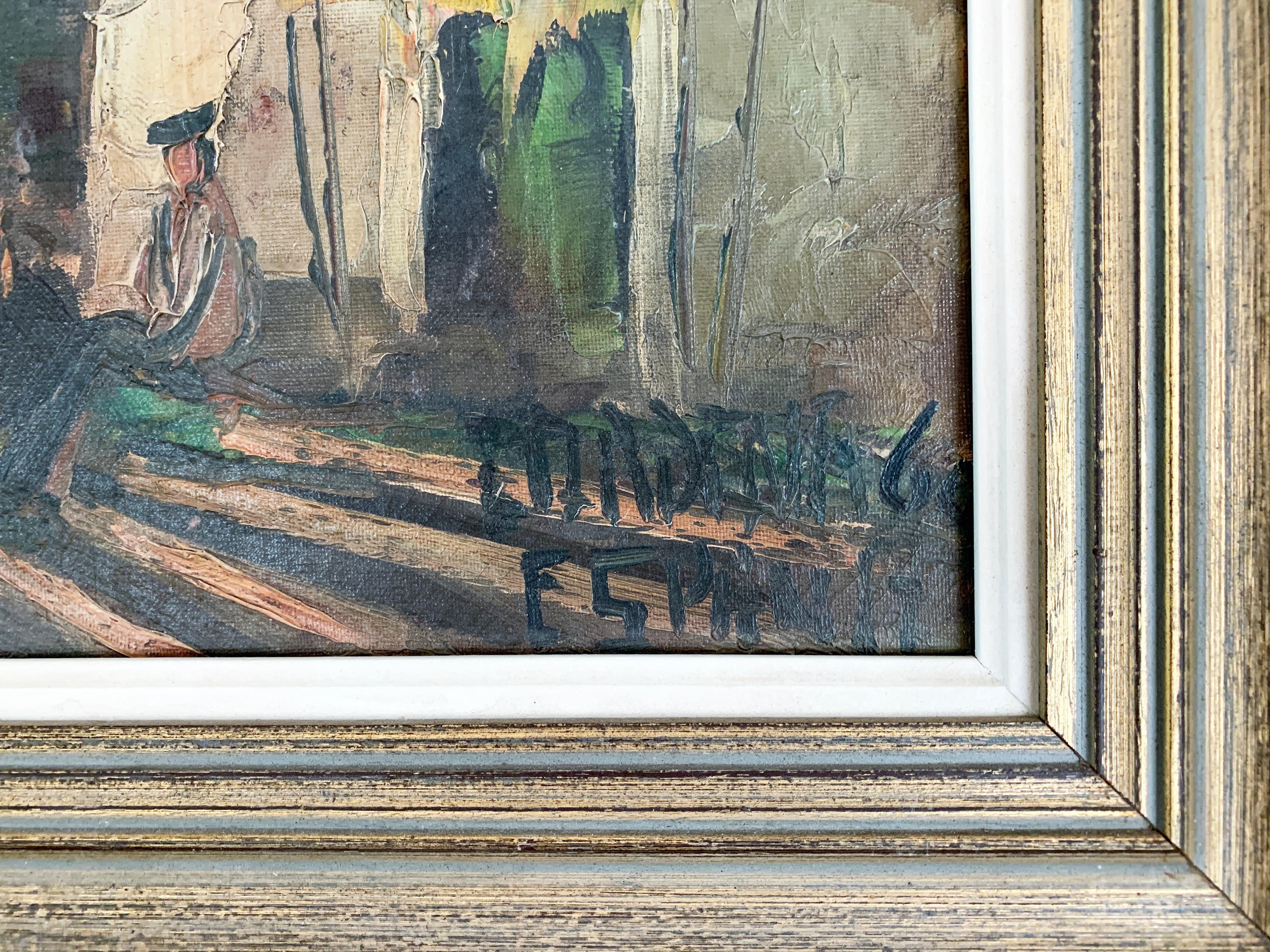 Großes Ölgemälde des spanischen Impressionismus, Dorflandschaft – Painting von Unknown
