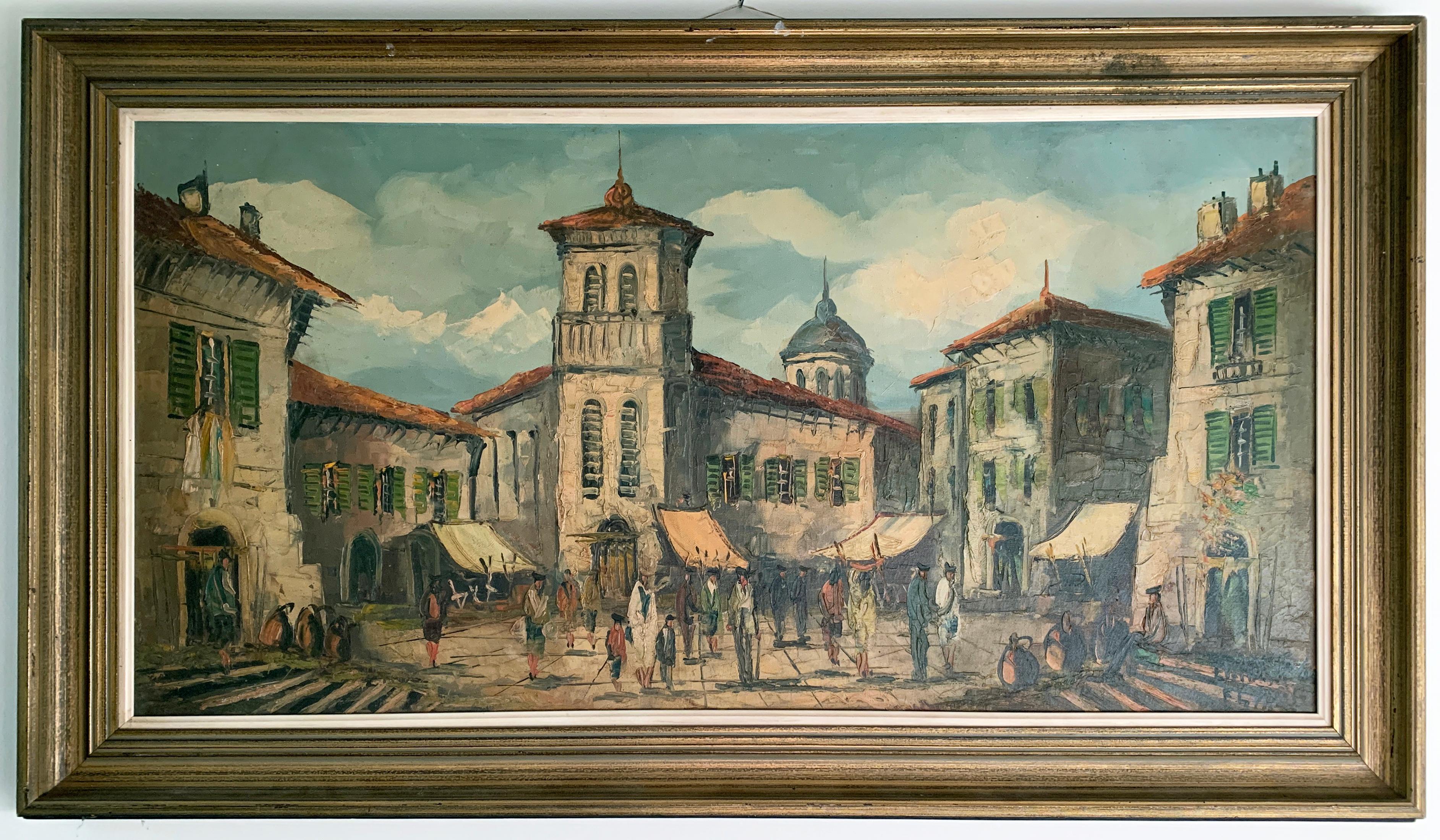 Large Spanish Impressionism Villagescape Oil Painting
