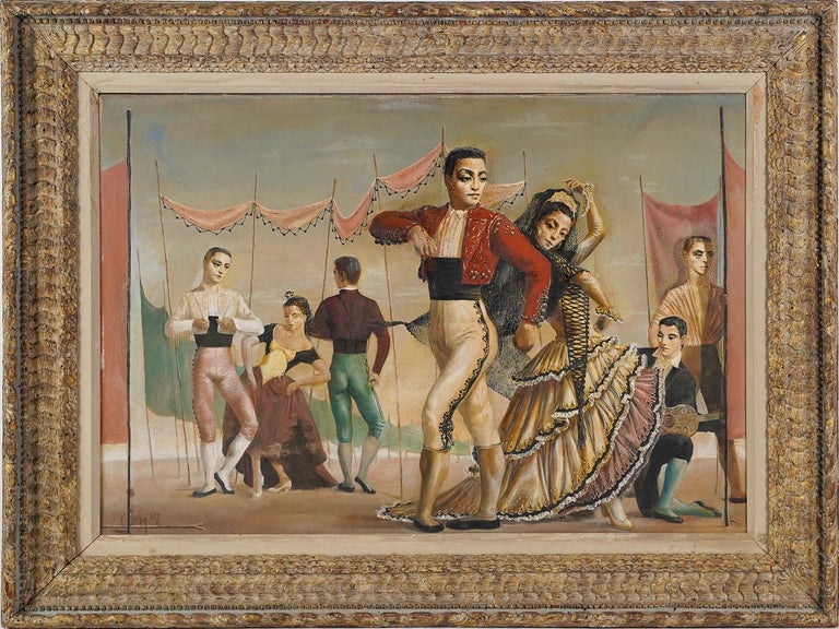 Large Spanish Surreal Signed Dancer Modernist Original Framed Oil Painting - Brown Landscape Painting by Unknown