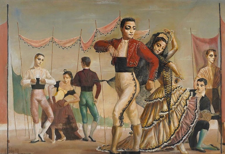 Large Spanish Surreal Signed Dancer Modernist Original Framed Oil Painting For Sale 1