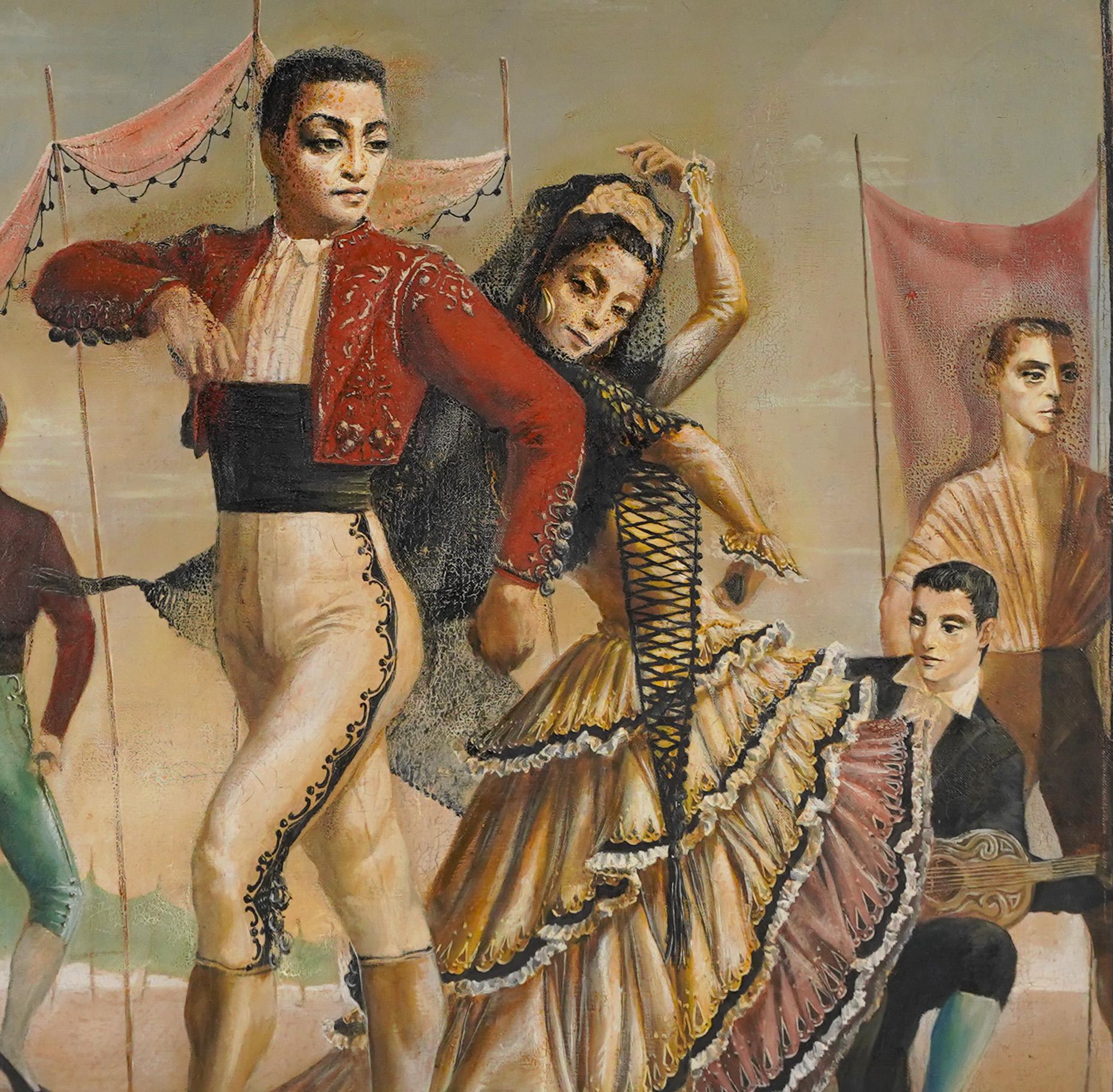 Large Spanish Surreal Signed Dancer Modernist Original Framed Oil Painting - Brown Figurative Painting by Unknown