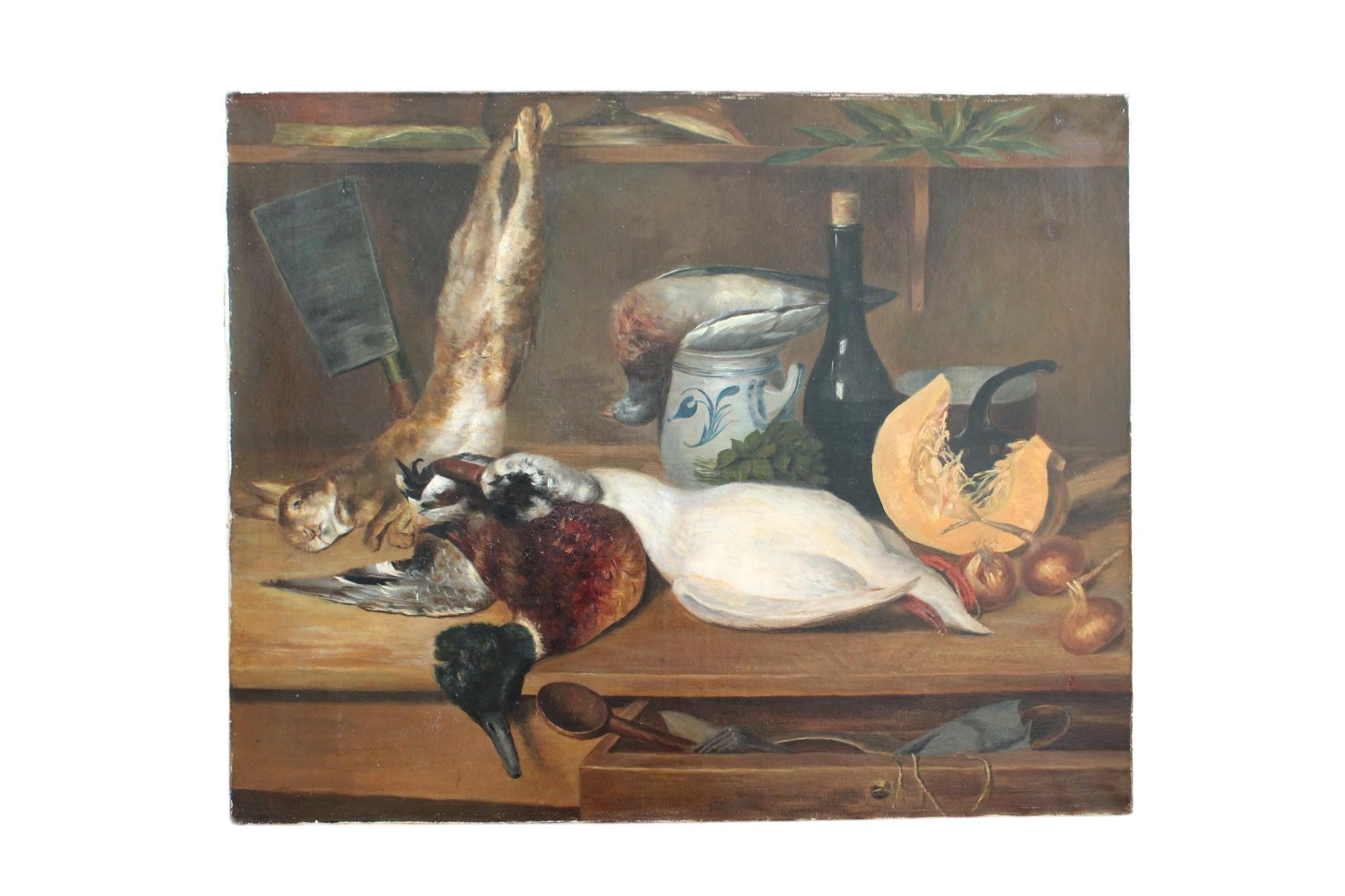 Grande natura morta antica Gioco e verdure cucina rustica pittura a olio