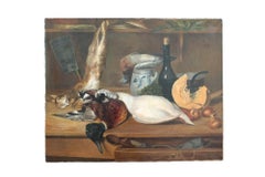 Large Still Life Antique Game and vegetables rustic kitchen oil painting
