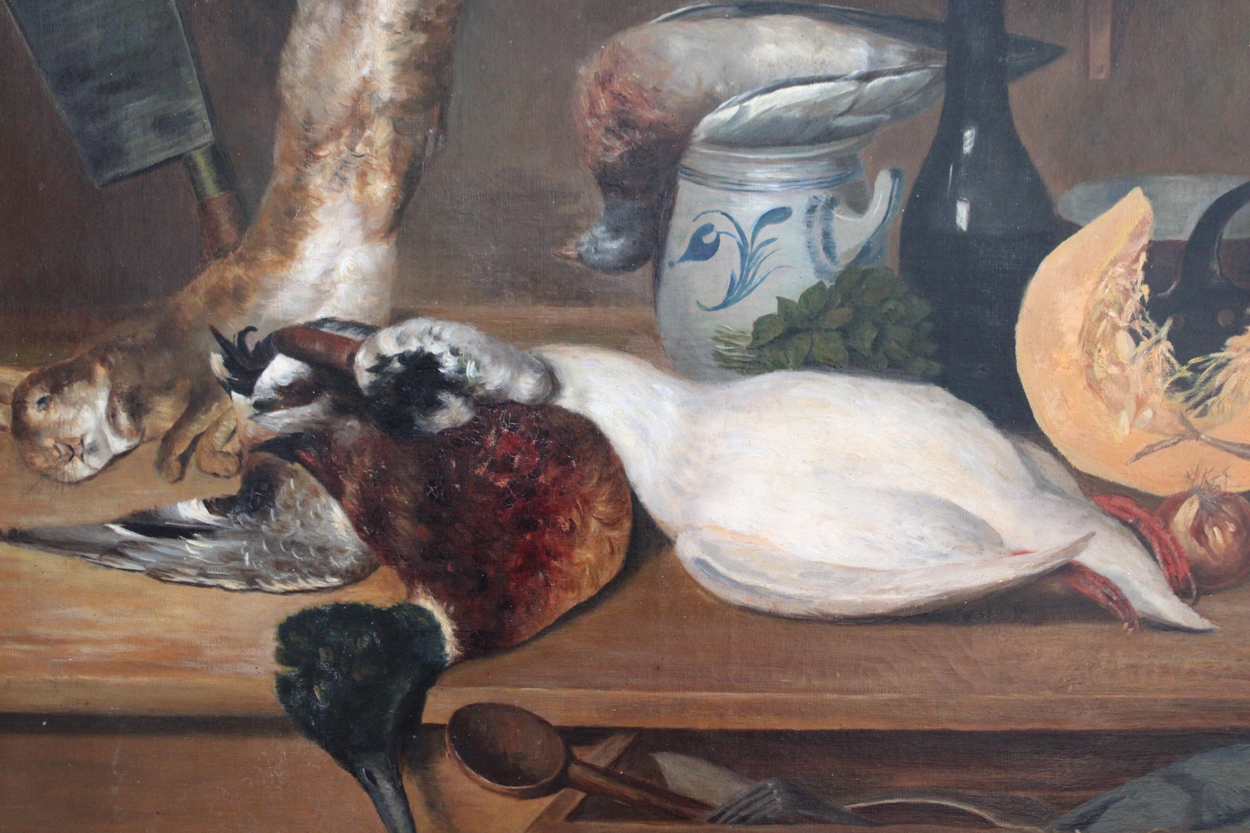 Großes antikes Stillleben mit Tier- und Gemüsemotiven, rustikales Ölgemälde für die Küche – Painting von Unknown
