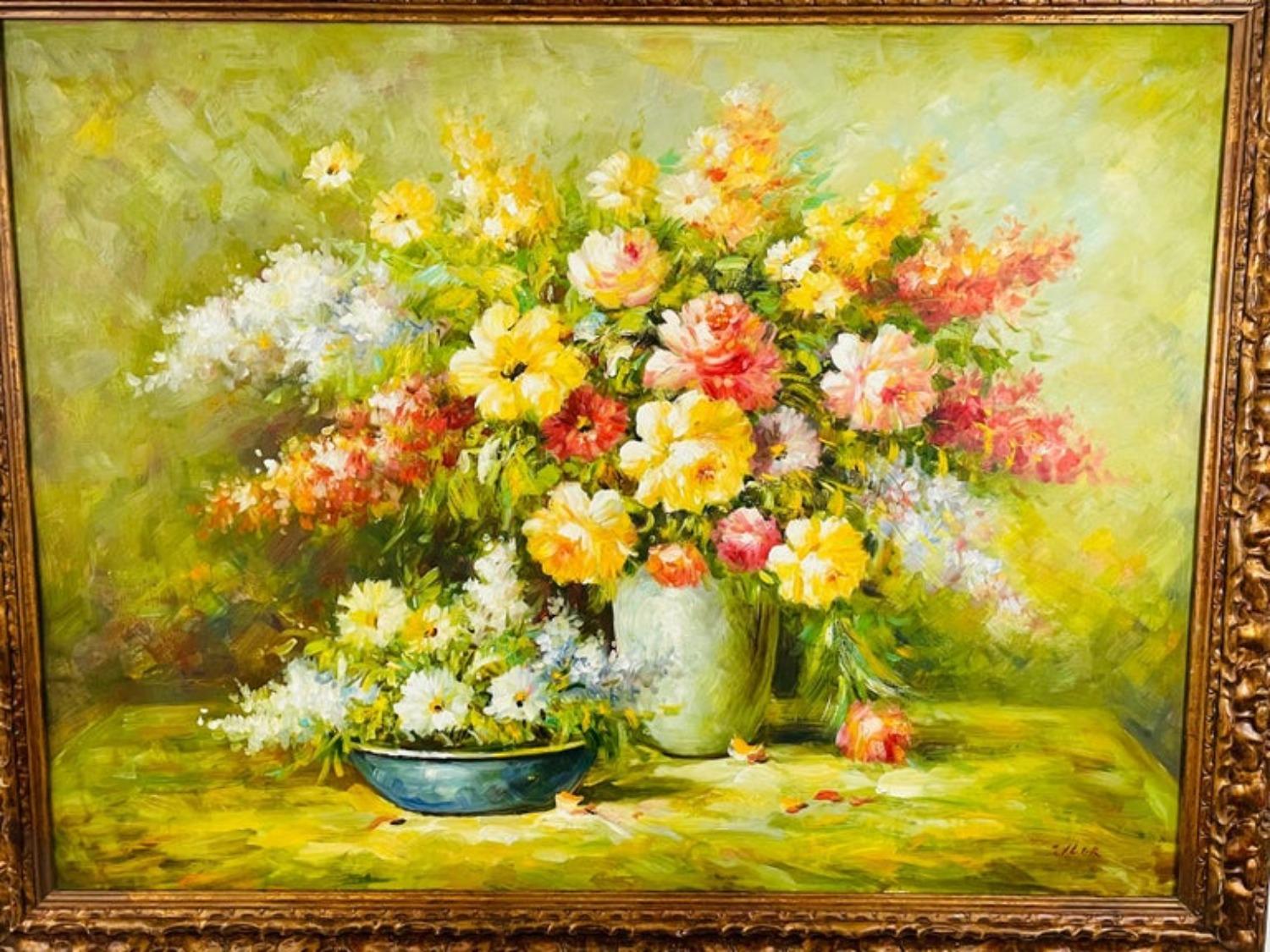 Grande Natura morta di fiori olio su tela, firmata e incorniciata - Painting di Unknown