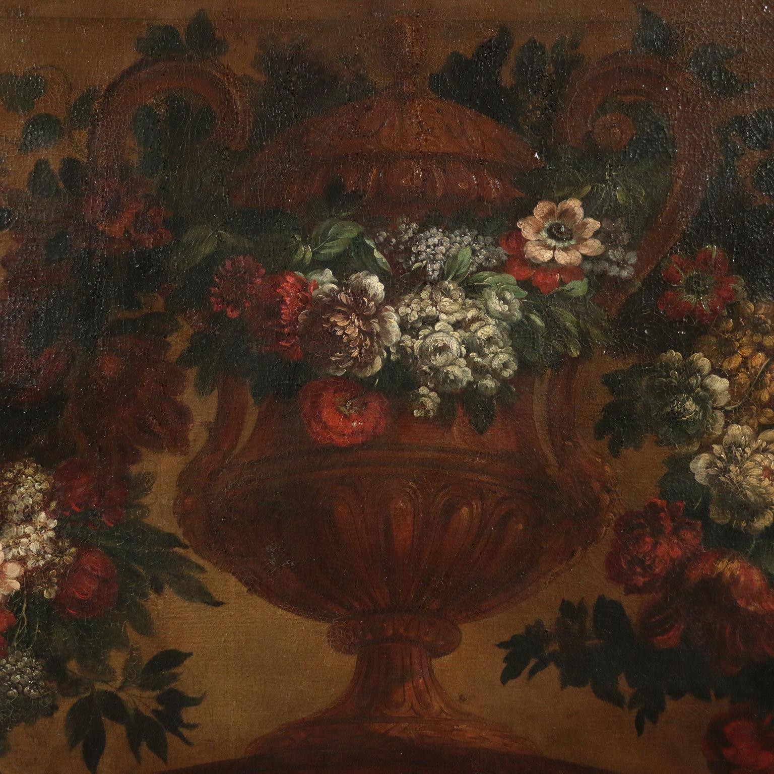 Large Still Life With Vase And Flowers Oil On Canvas 18th Century - Other Art Style Painting by Unknown