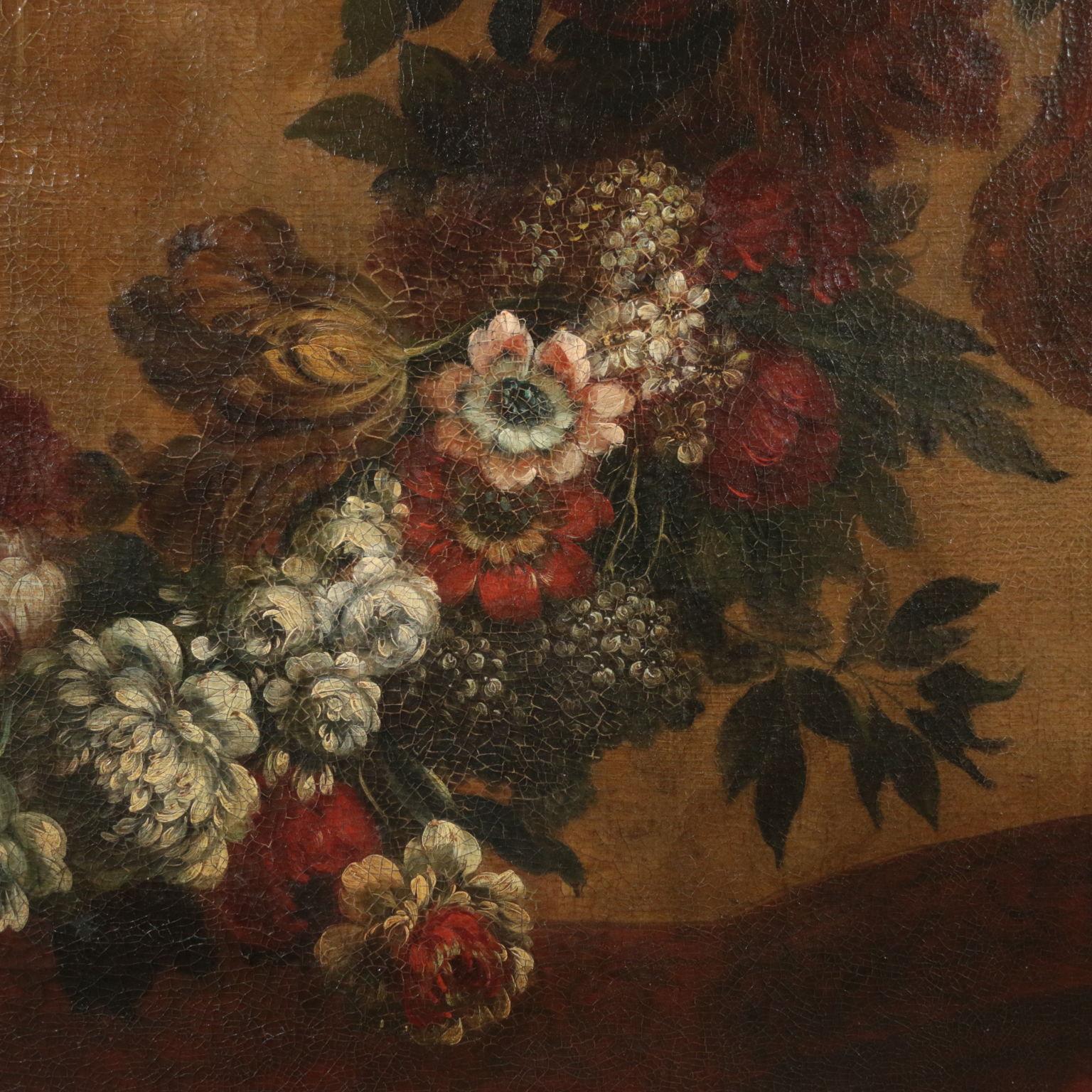 Large Still Life With Vase And Flowers Oil On Canvas 18th Century 1