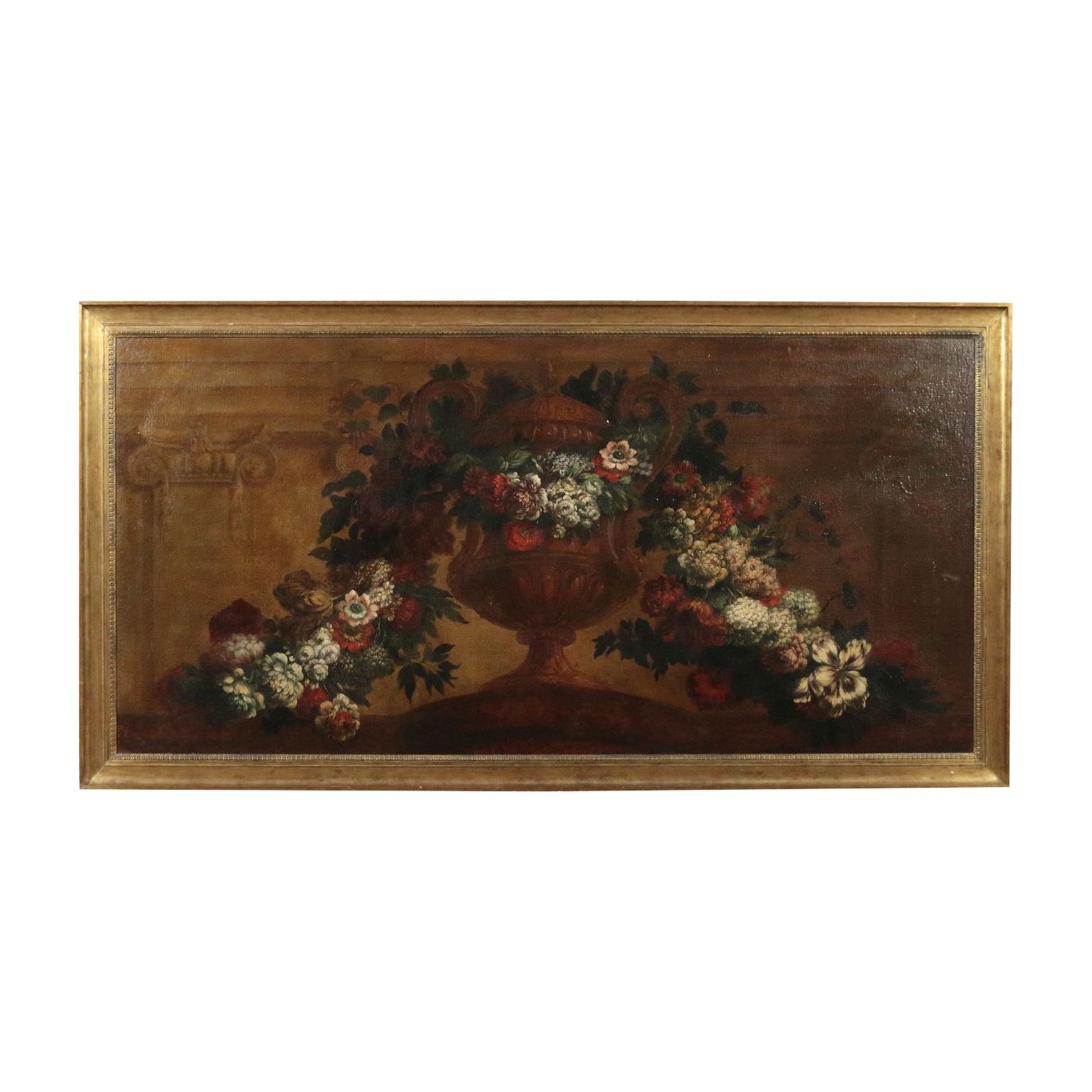 Still-Life Painting Unknown - Grande nature morte avec vase et fleurs, huile sur toile, 18ème siècle