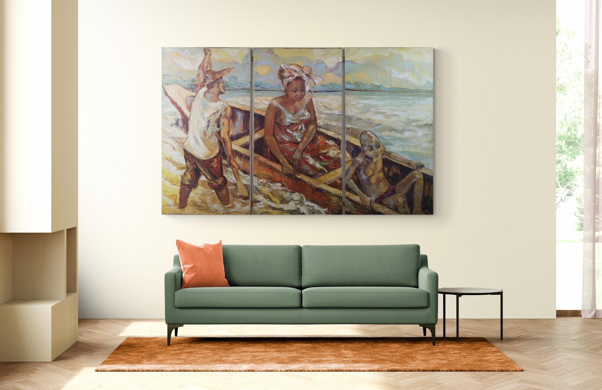 Grande pittura ad olio africana congolese a tre pannelli - Painting di Unknown