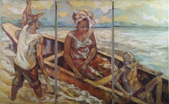 Large Three Panel African Congolese Oil Painting 