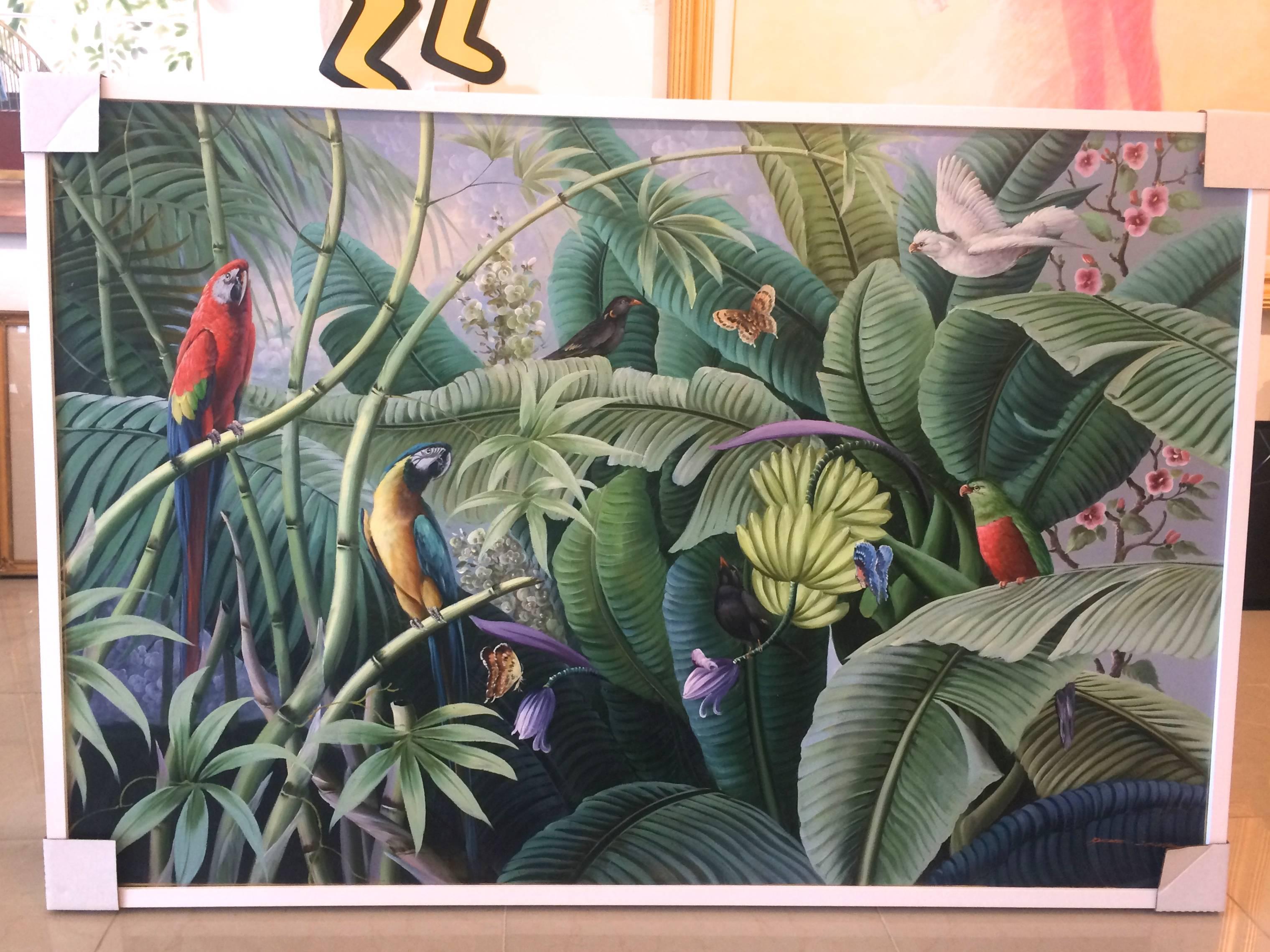 Size: 40x60 framed 42x62x2
Large and beautiful landscape from the 1980's with parrots, butterflies, palm trees in a tropical setting. Signed lower right.