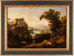 Antique Large View Roman Countryside And Castello Colonna, Characters Signed 18th Signed