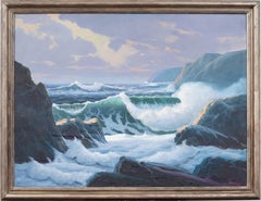 Large Vintage American Impressionist Crashing Surf Framed Seascape Oil Painting
