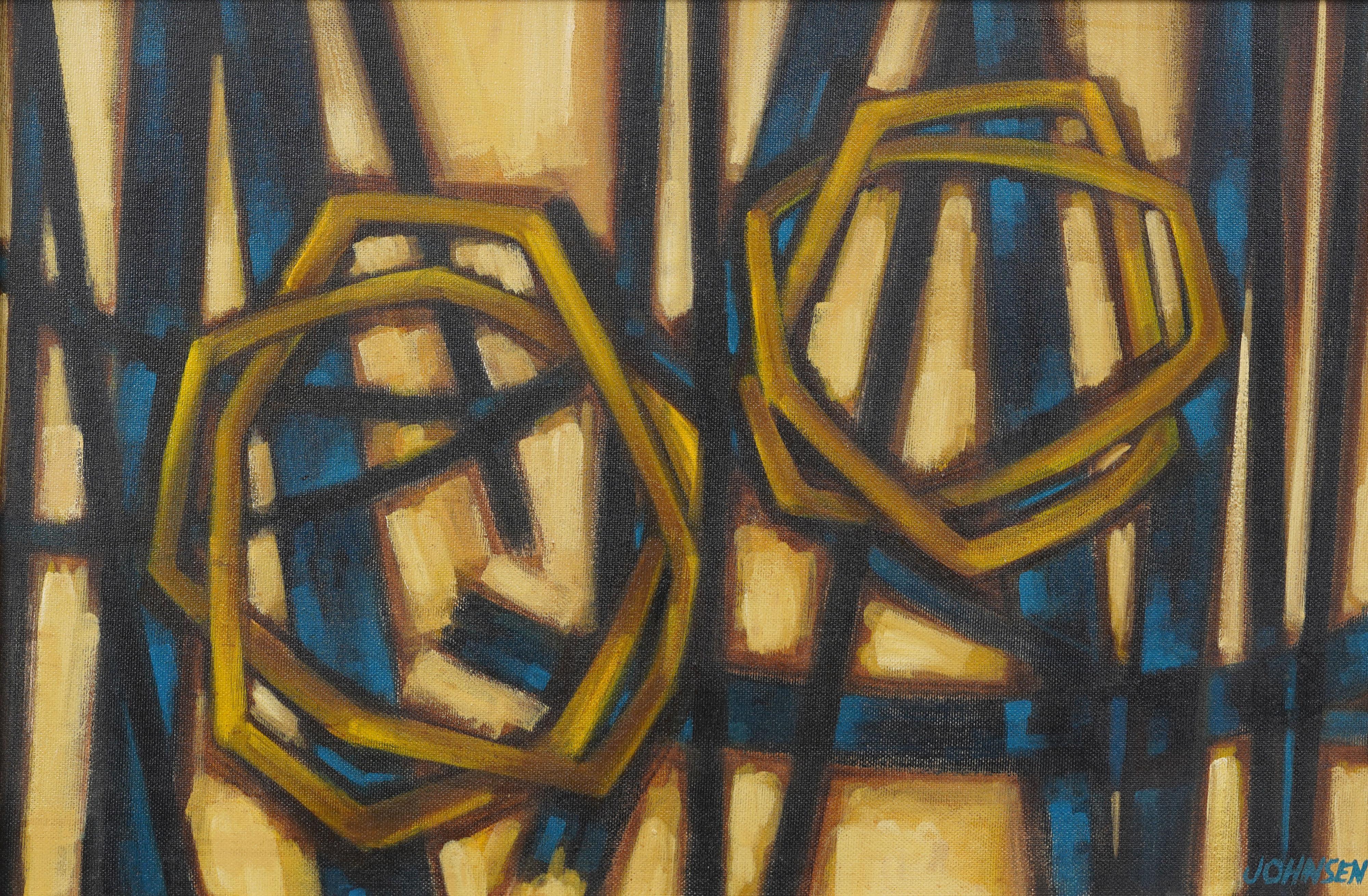 Striking mid-20th century abstract oil painting on canvas by artist Johnsen, titled “Jazz IX – Club Date” (as inscribed on the verso). The work features a bold interplay of geometric linear forms and rhythmic overlapping circles in tones of ochre,