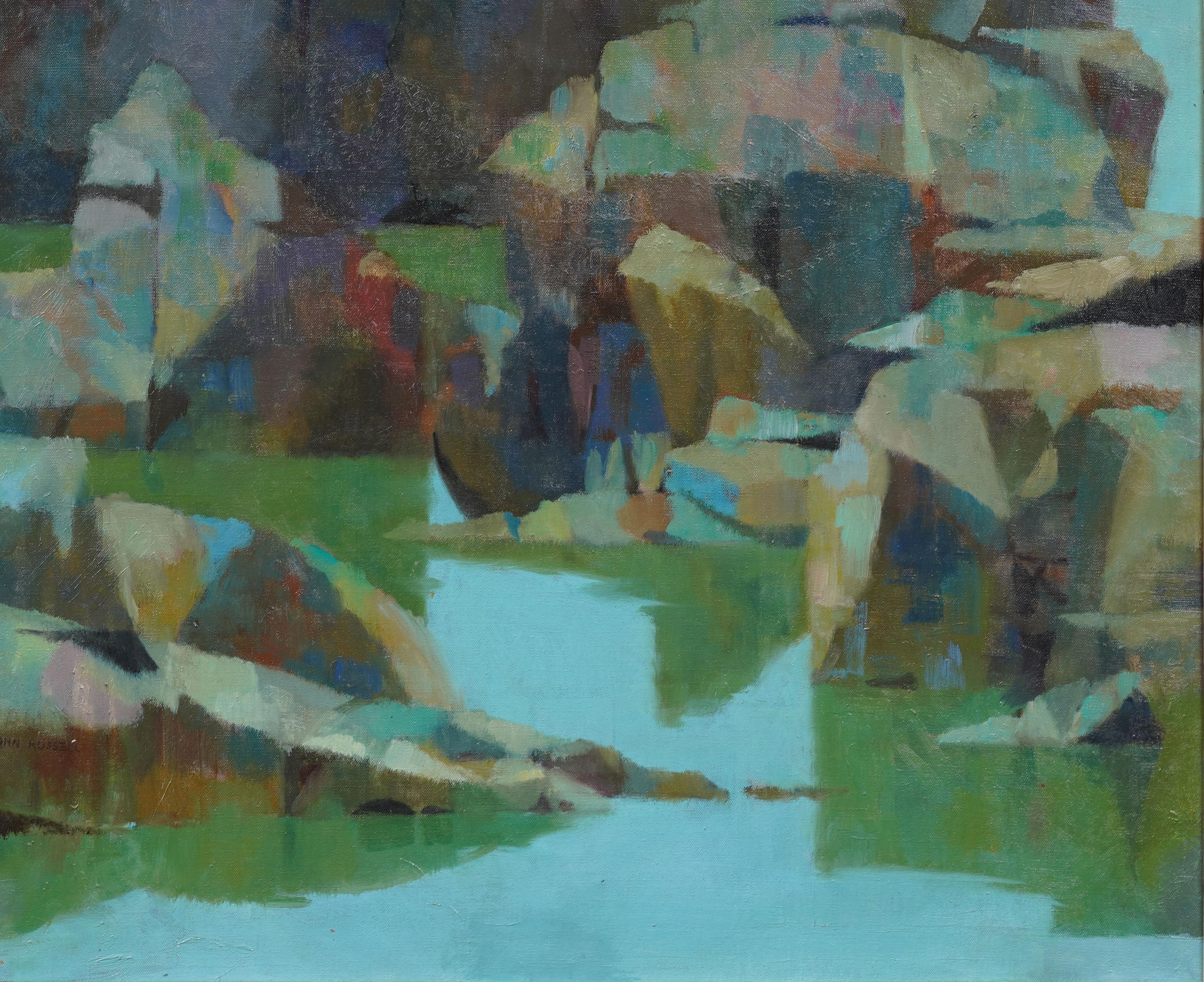 Large Vintage American Modernist Abstract Naturescape Lake View  Oil Painting For Sale 1