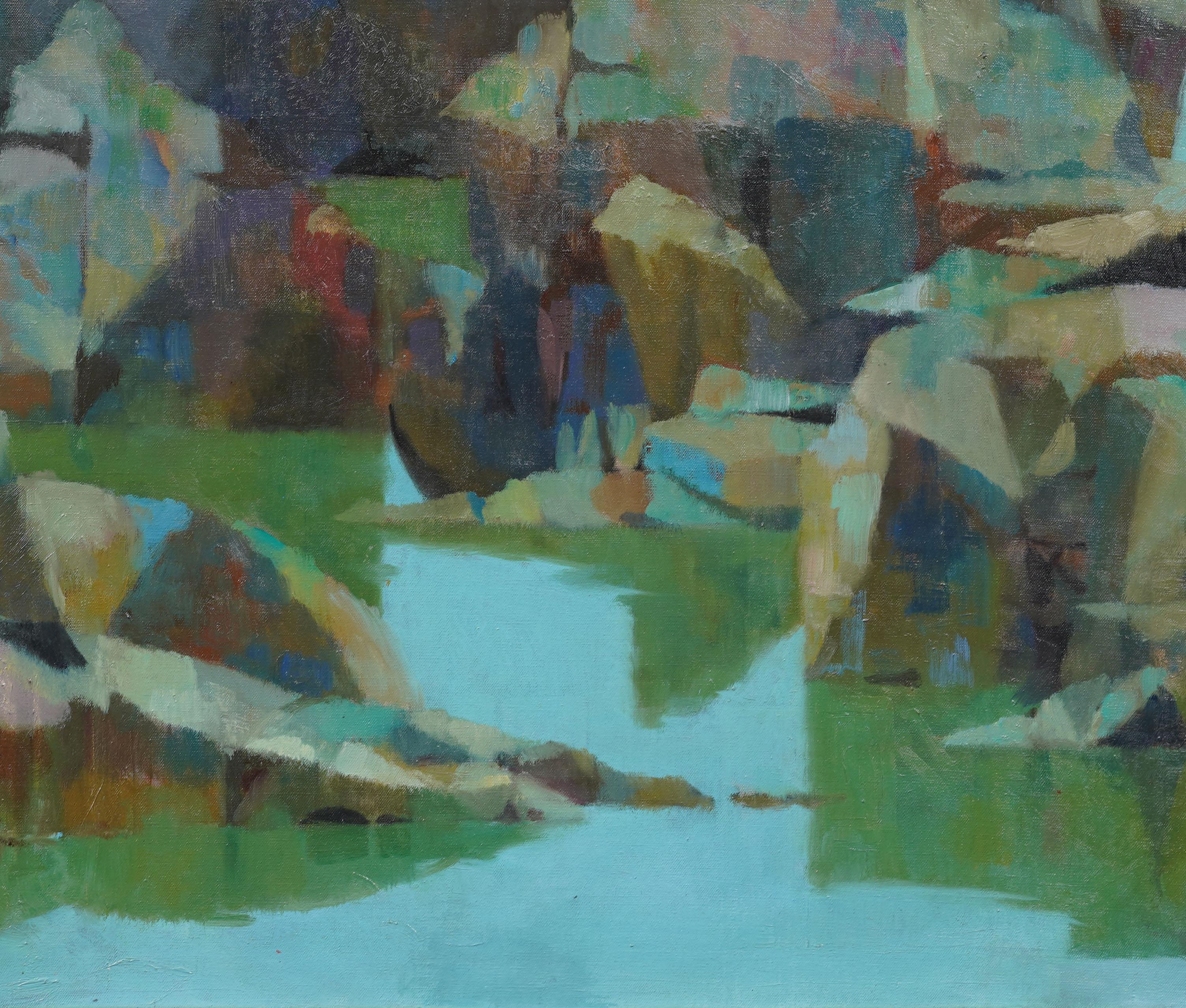 Large Vintage American Modernist Abstract Naturescape Lake View  Oil Painting For Sale 2