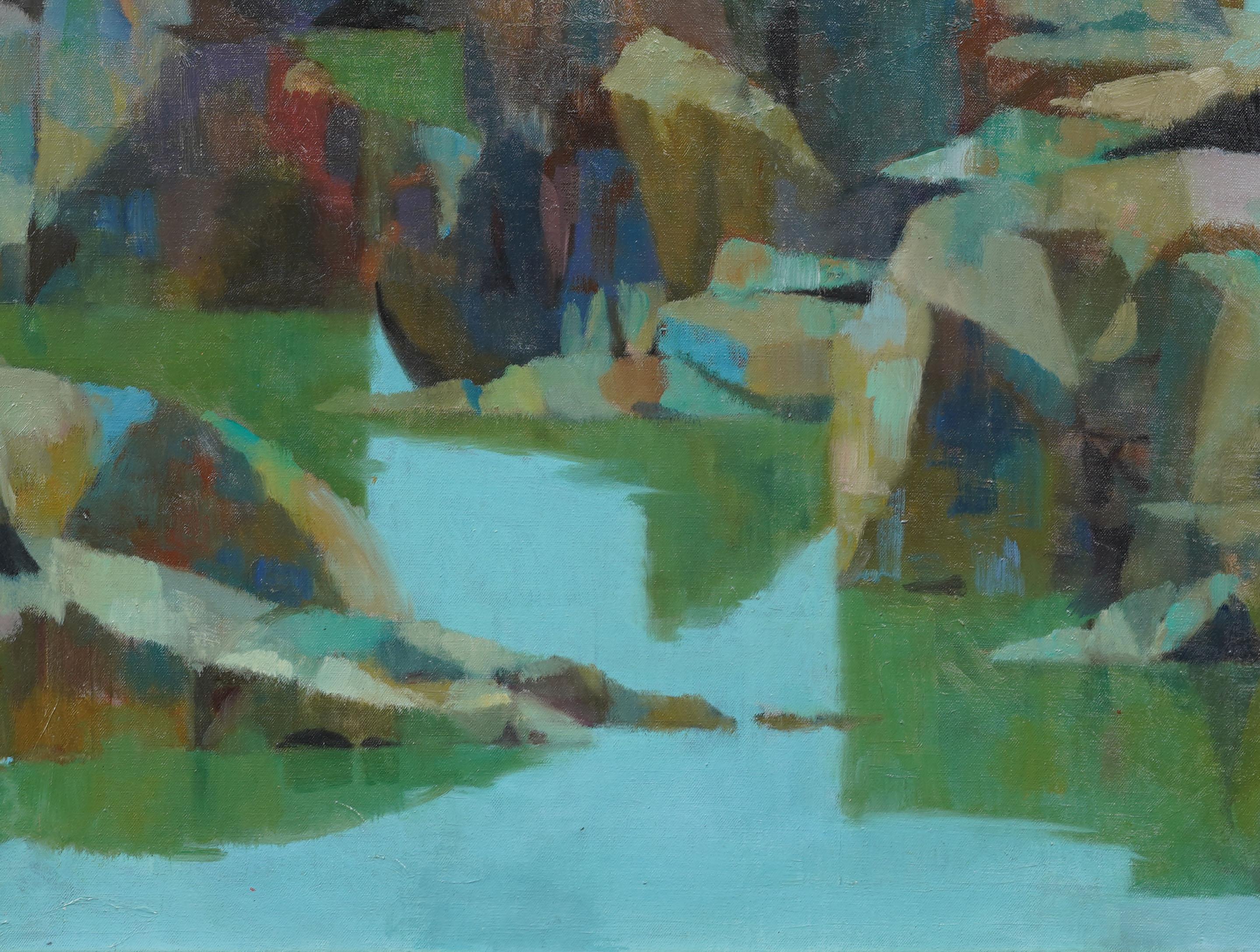 Large Vintage American Modernist Abstract Naturescape Lake View  Oil Painting For Sale 3