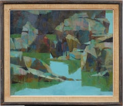 Large Vintage American Modernist Abstract Naturescape Lake View  Oil Painting