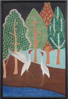 Large Vintage American Modernist Surreal Crane Portrait & Landscape Oil Painting