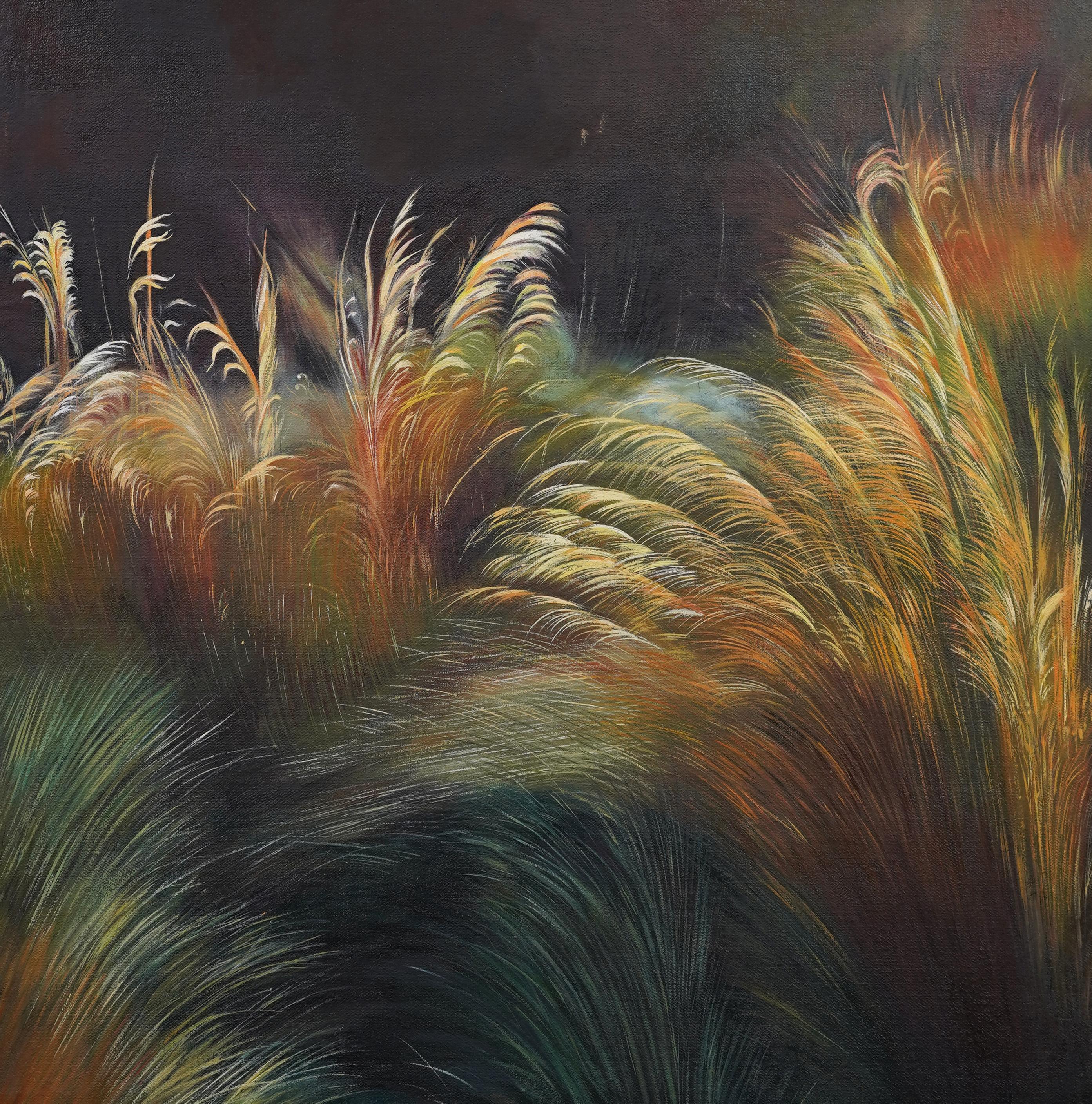 Large Vintage American Modernist Wheat Grass Landscape Framed Oil Painting 1