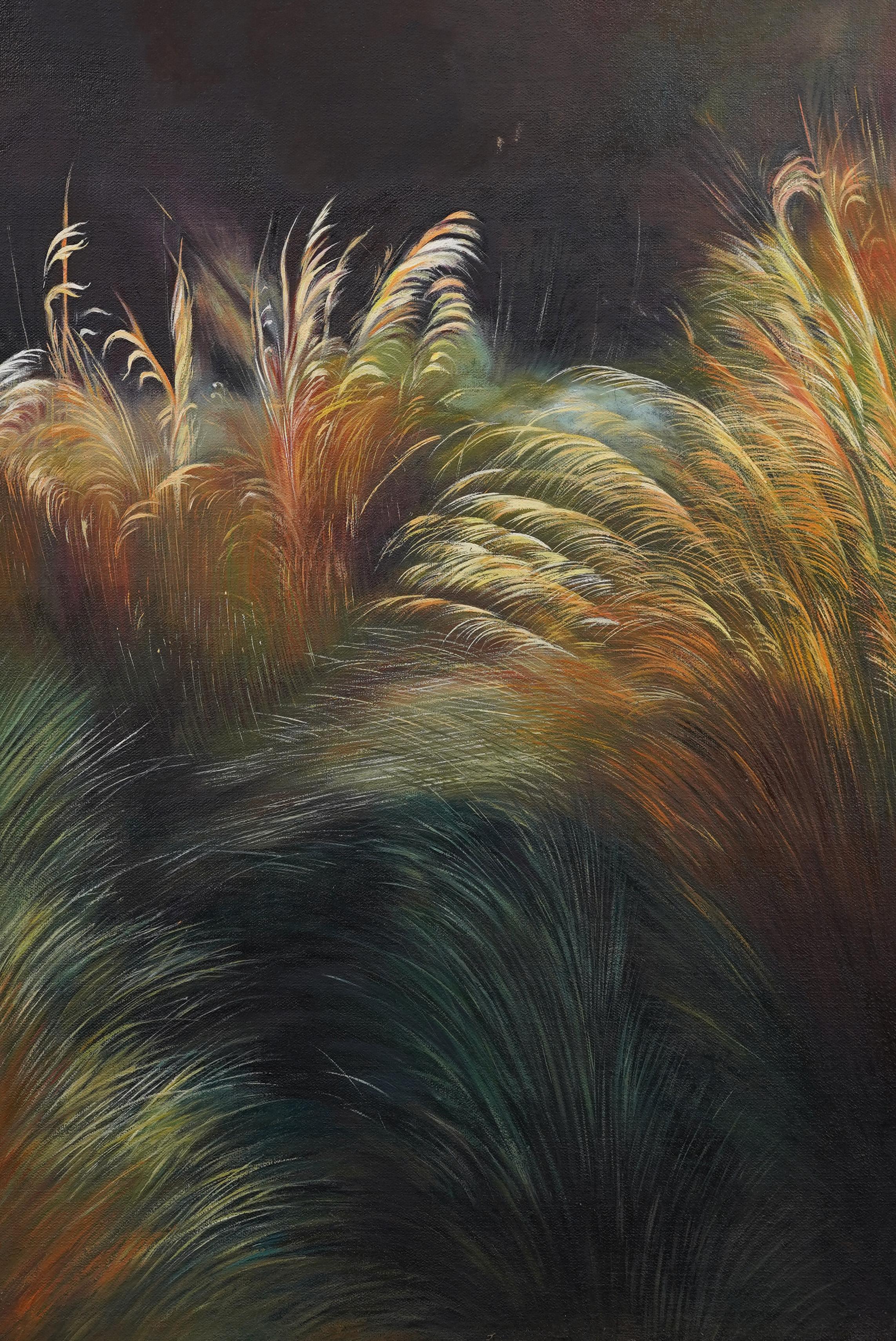 Large Vintage American Modernist Wheat Grass Landscape Framed Oil Painting 2