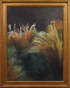 Large Vintage American Modernist Wheat Grass Landscape Framed Oil Painting