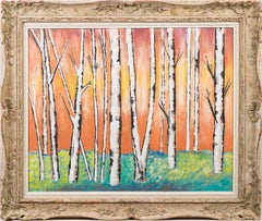 Grande pittura ad olio di paesaggio modernista fauvista d'epoca con cornice della scuola americana