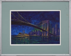 Large Vintage American School Modernist Nocturnal Cityscape NYC Painting