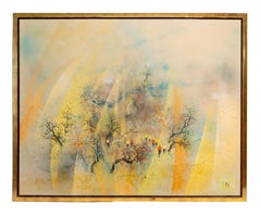 Large Vintage Asian American Modernist Framed Signed Landscape Oil Painting