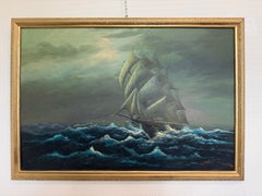 Large Vintage Nautical Oil Painting Signed Dramatic Sailing Ship Seascape