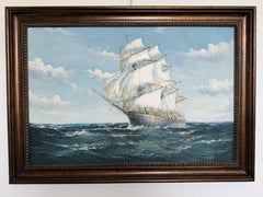 Large Vintage Oil Painting on canvas Seascape Sailing Ship Signed Maritime Art