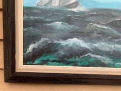 Grande dipinto a olio su tela d'epoca, paesaggio marino, navi a vela, incorniciato