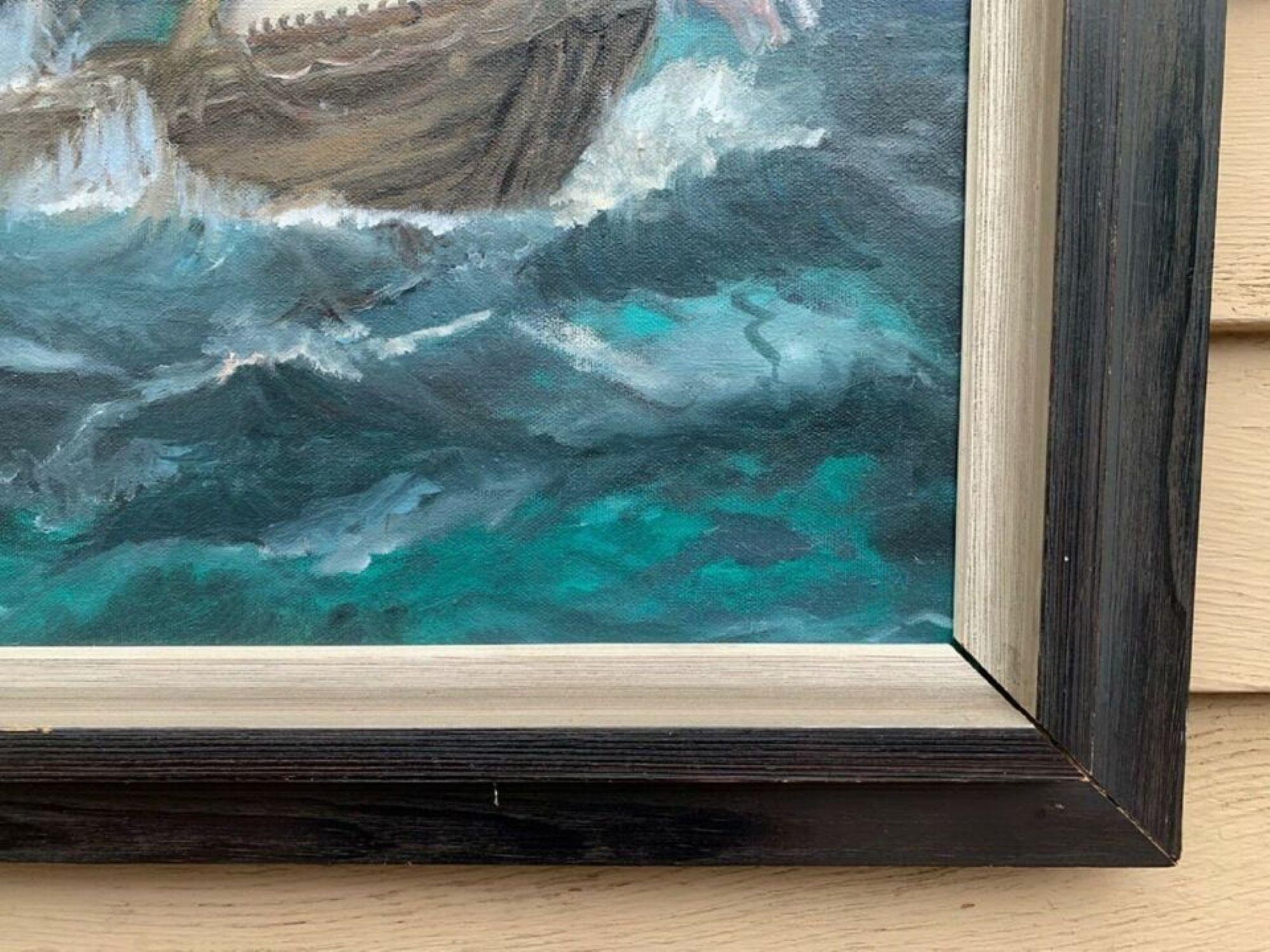 Großes Vintage-Ölgemälde auf Leinwand, Meereslandschaft, Segelschiffe, gerahmt (Impressionismus), Painting, von Unknown