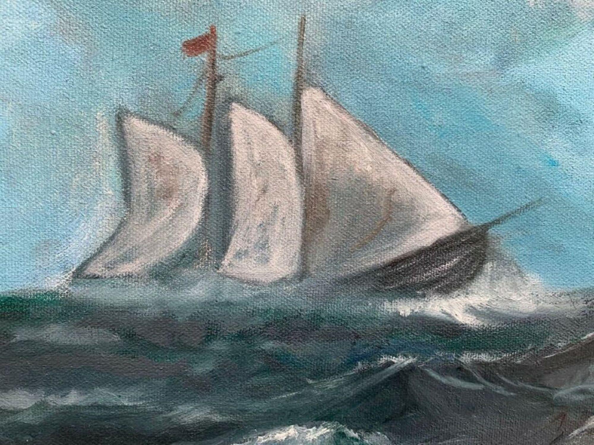 Großes Vintage-Ölgemälde auf Leinwand, Meereslandschaft, Segelschiffe, gerahmt im Angebot 2