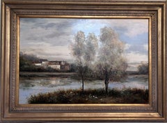 Large Vintage Oil Painting River Landscape European Countryside Scene Unsigned
