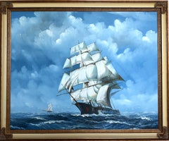 Large Vintage Oil Painting Sailing Ship Seascape Signed Maritime Ocean Art