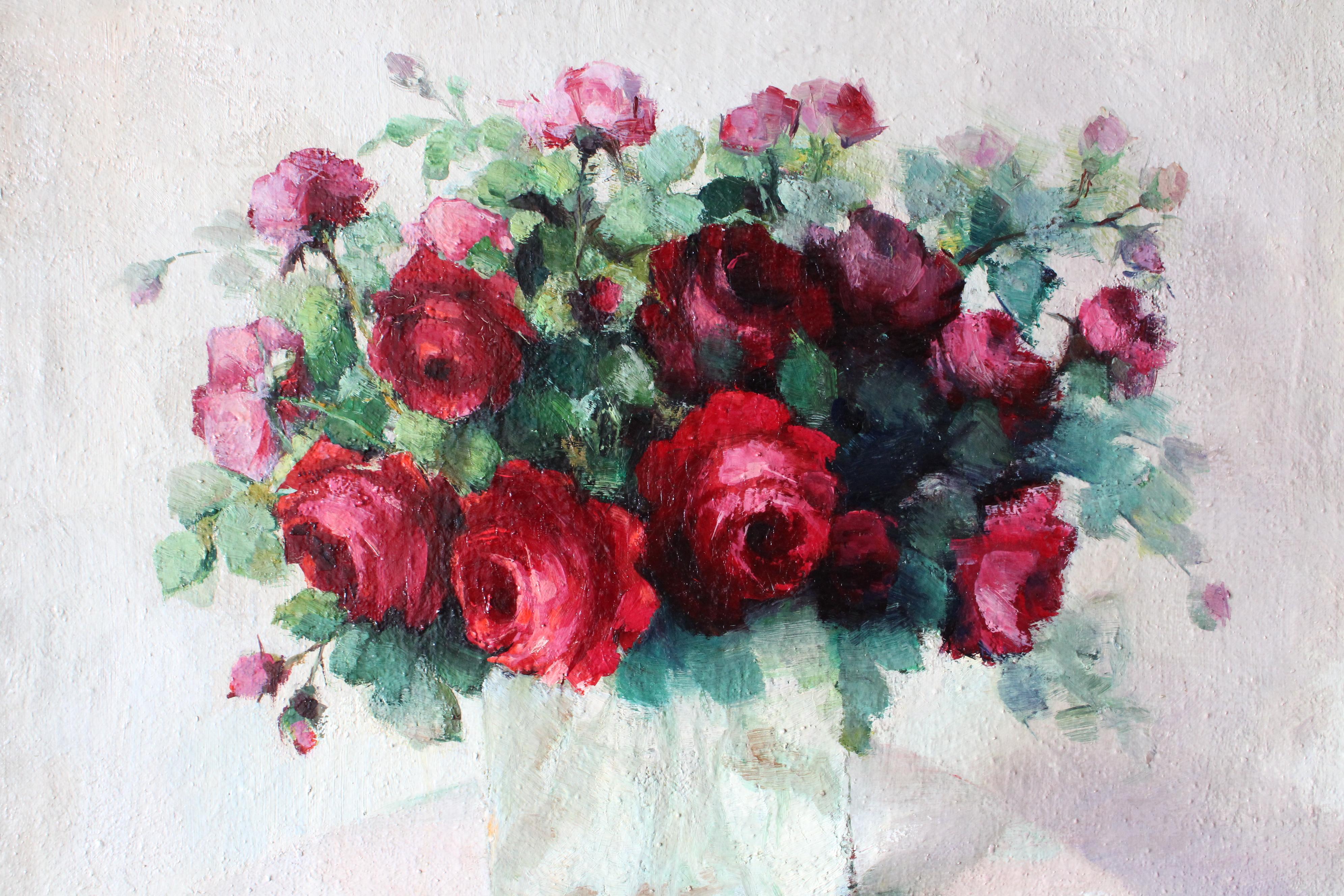 Große Vintage Rosen Ölgemälde Französisch florale Kunst in vergoldeten Rahmen im Angebot 5