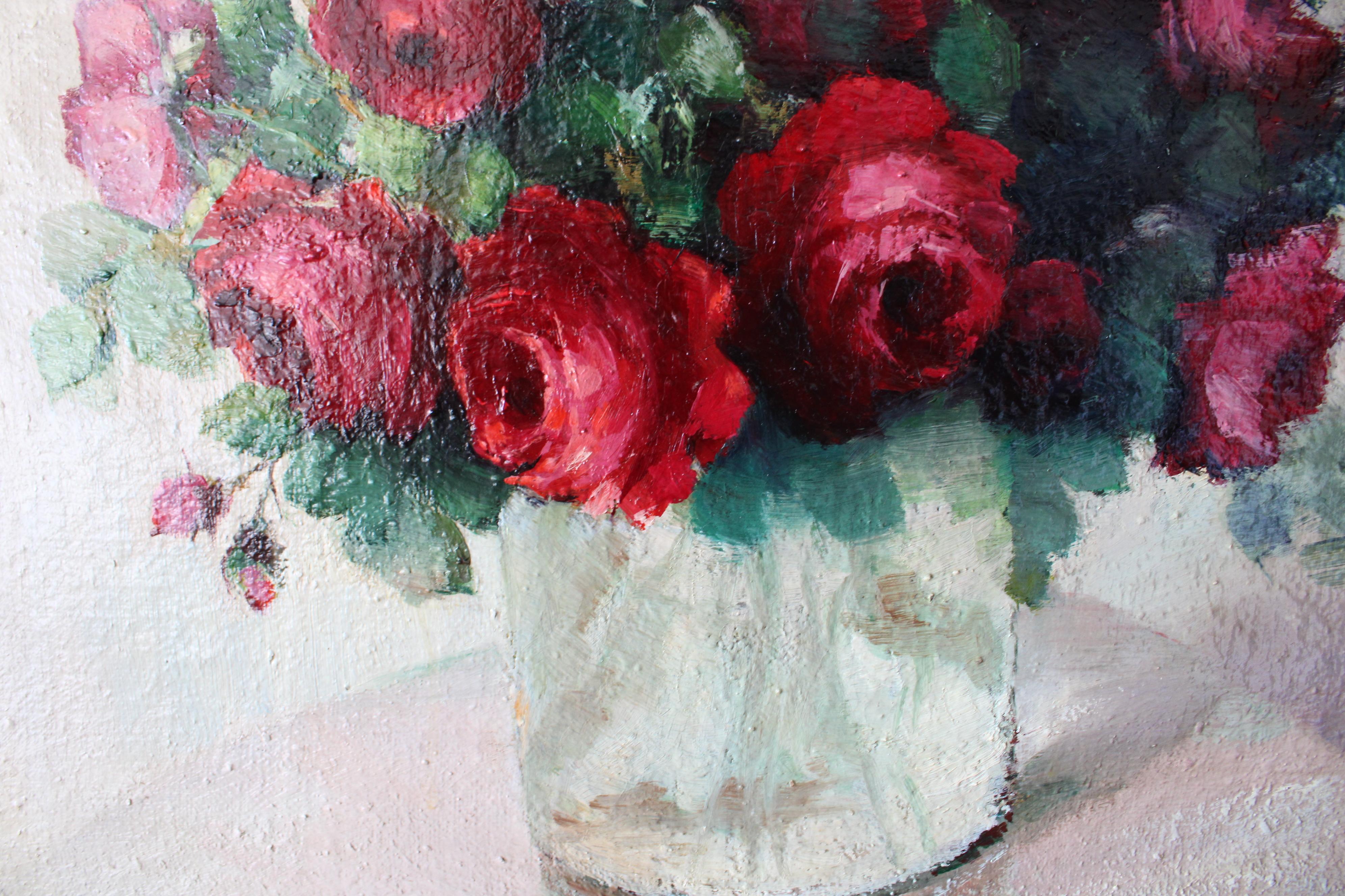 Große Vintage Rosen Ölgemälde Französisch florale Kunst in vergoldeten Rahmen – Painting von Unknown