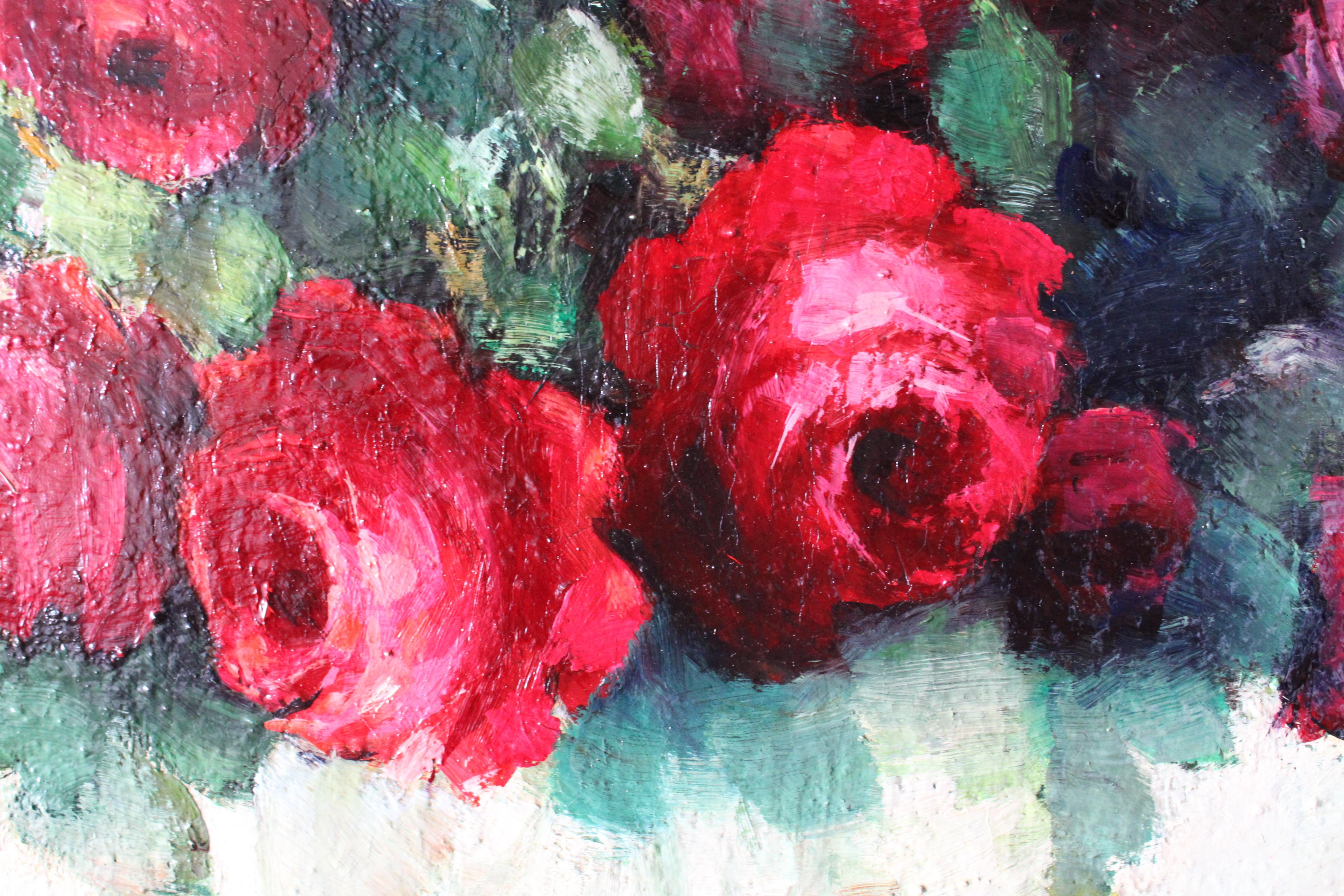 Große Vintage Rosen Ölgemälde Französisch florale Kunst in vergoldeten Rahmen (Braun), Still-Life Painting, von Unknown