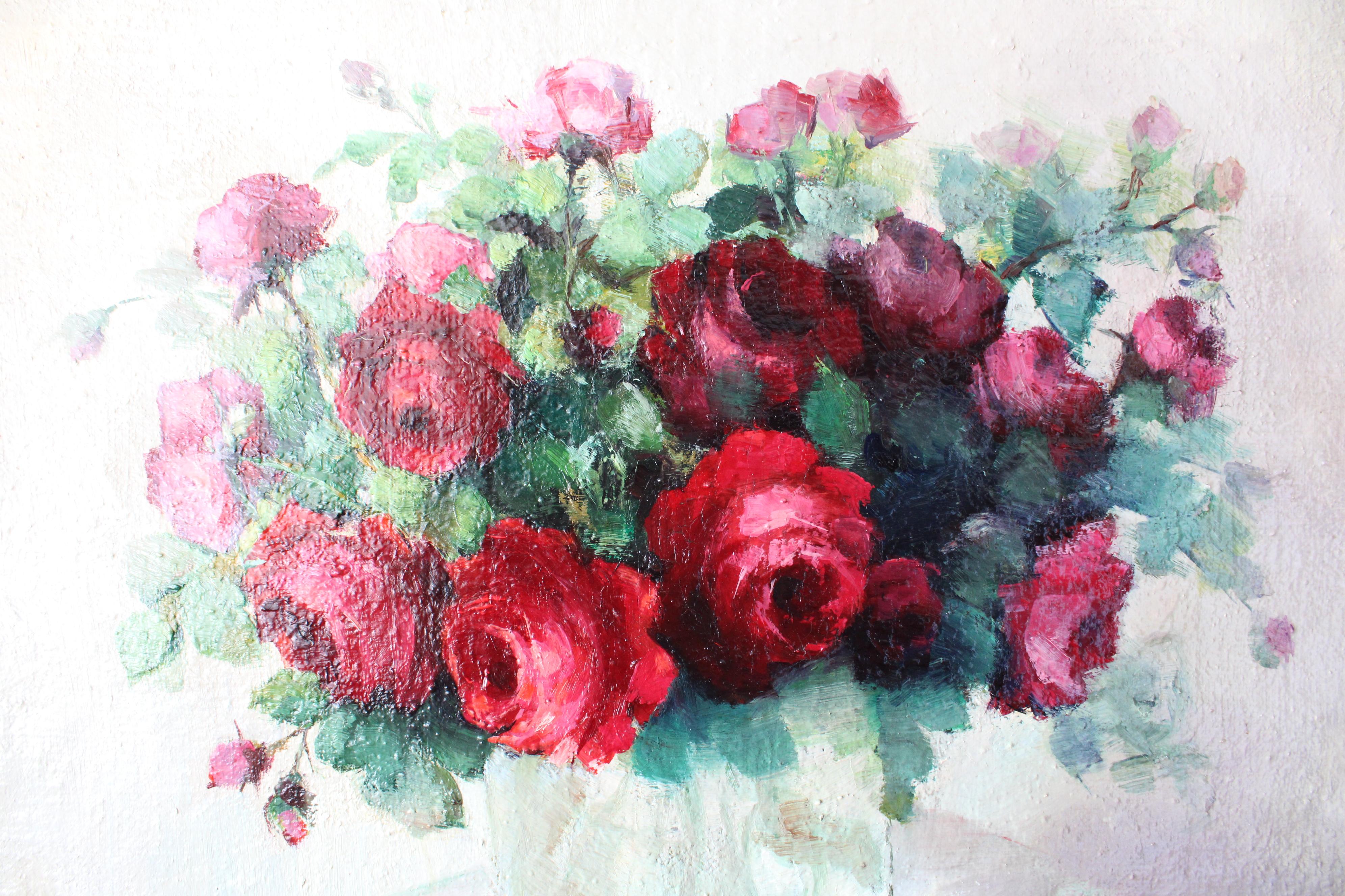 Große Vintage Rosen Ölgemälde Französisch florale Kunst in vergoldeten Rahmen im Angebot 1