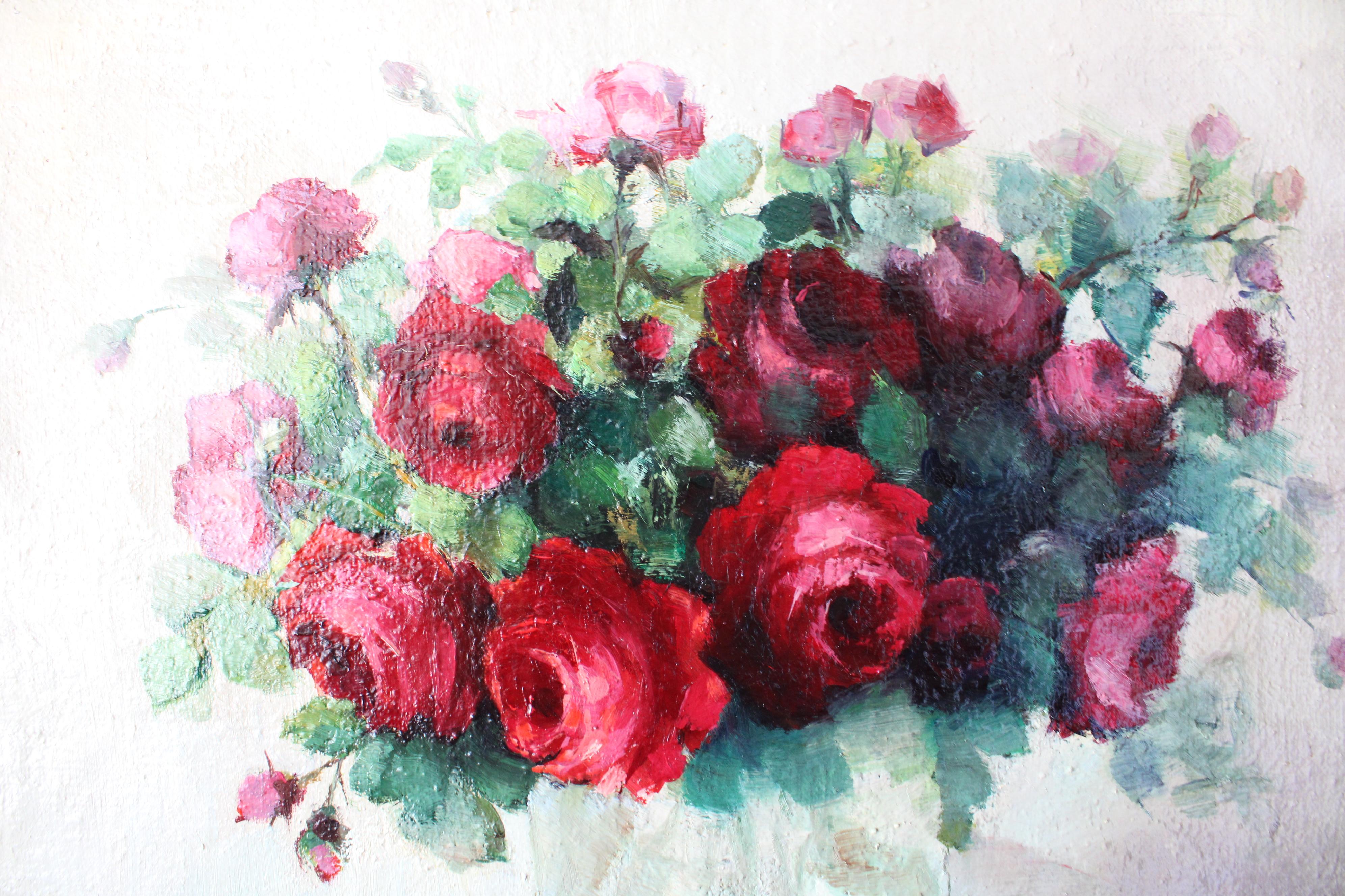 Große Vintage Rosen Ölgemälde Französisch florale Kunst in vergoldeten Rahmen im Angebot 2