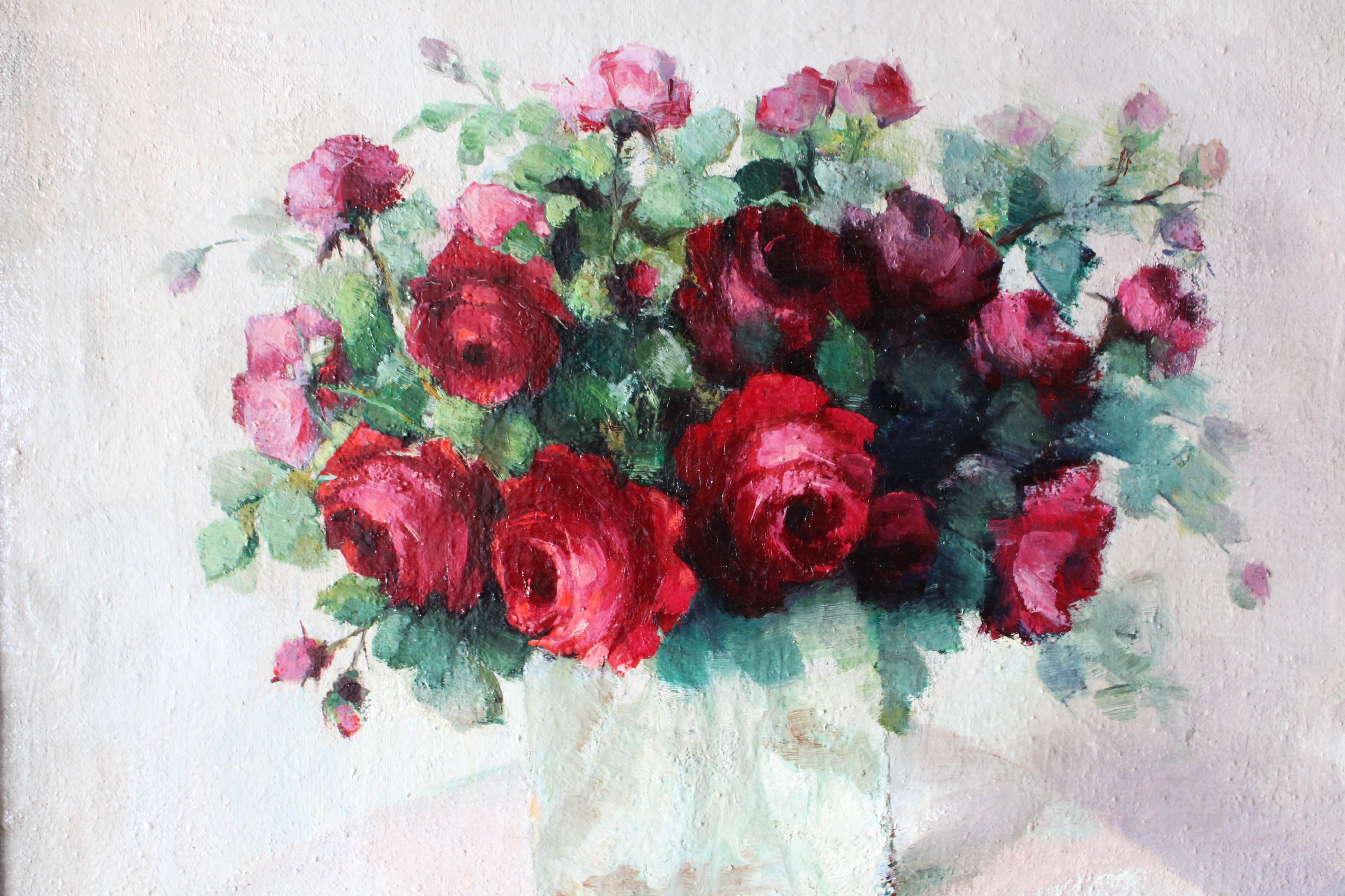 Große Vintage Rosen Ölgemälde Französisch florale Kunst in vergoldeten Rahmen im Angebot 3