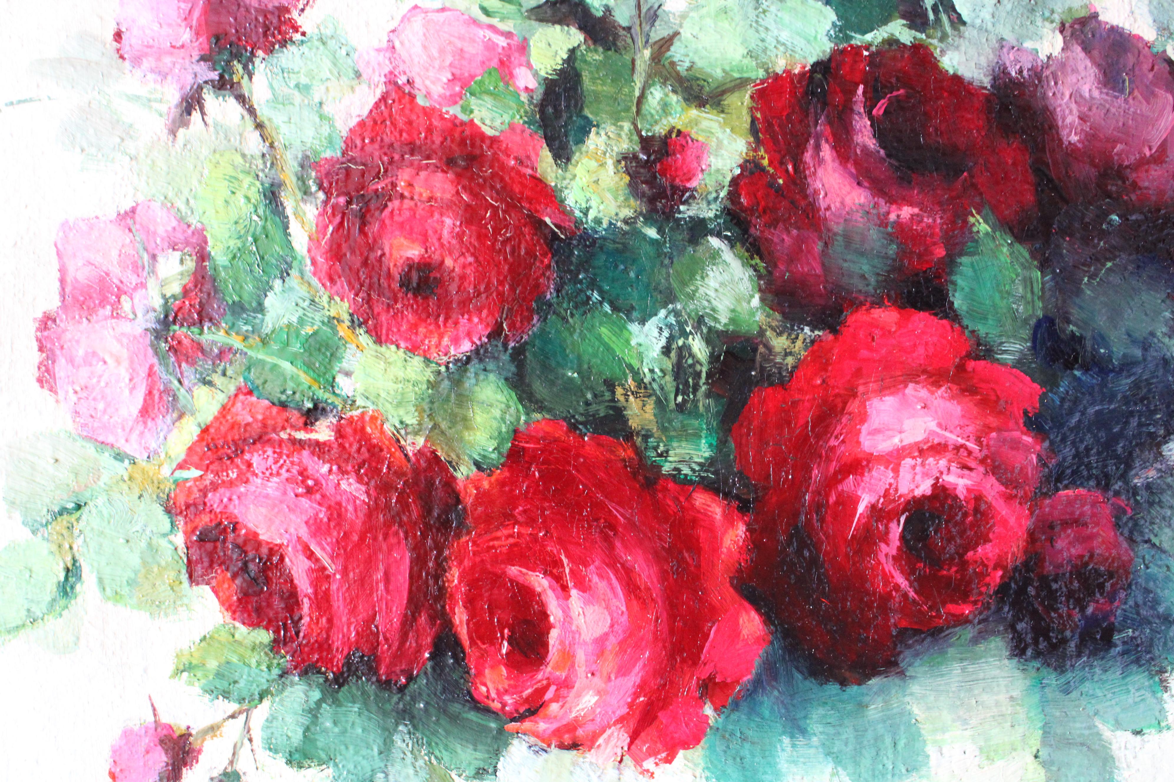 Große Vintage Rosen Ölgemälde Französisch florale Kunst in vergoldeten Rahmen im Angebot 4