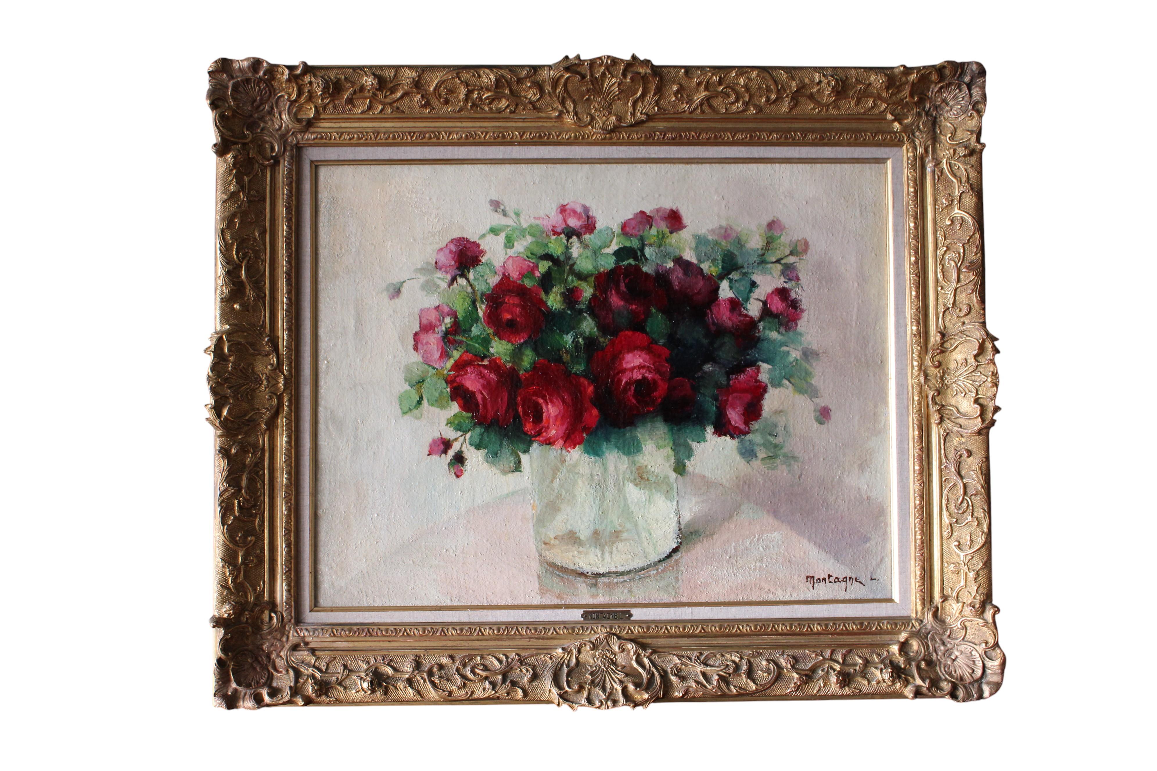 Unknown Still-Life Painting – Große Vintage Rosen Ölgemälde Französisch florale Kunst in vergoldeten Rahmen